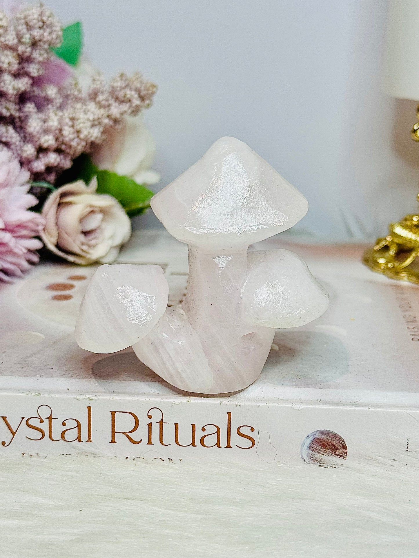 Pink Mangano Calcite Triple Mushroom Carving (UV Reactive)