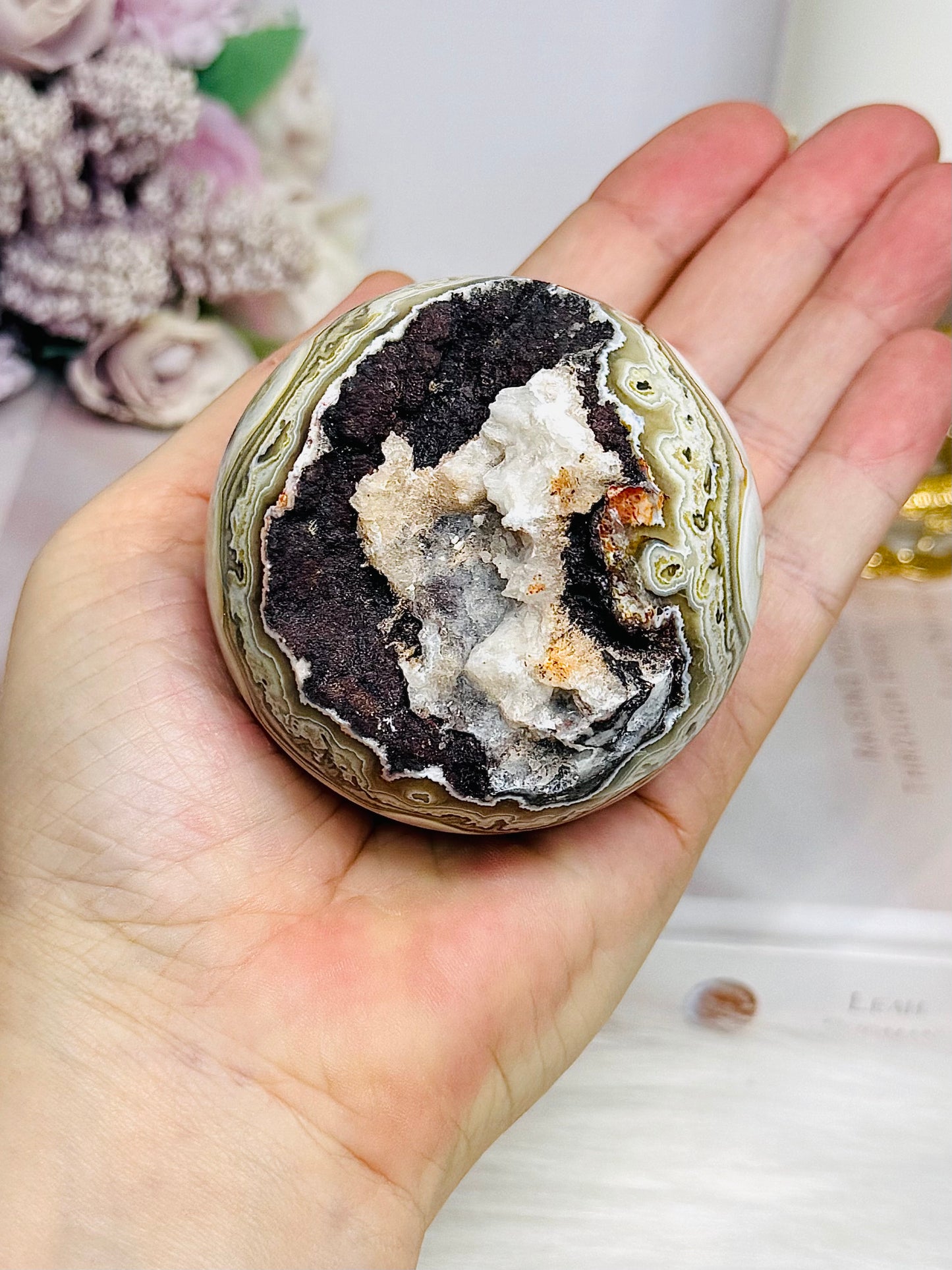 Mexican Lace Agate Druzy Sphere on Stand 331g