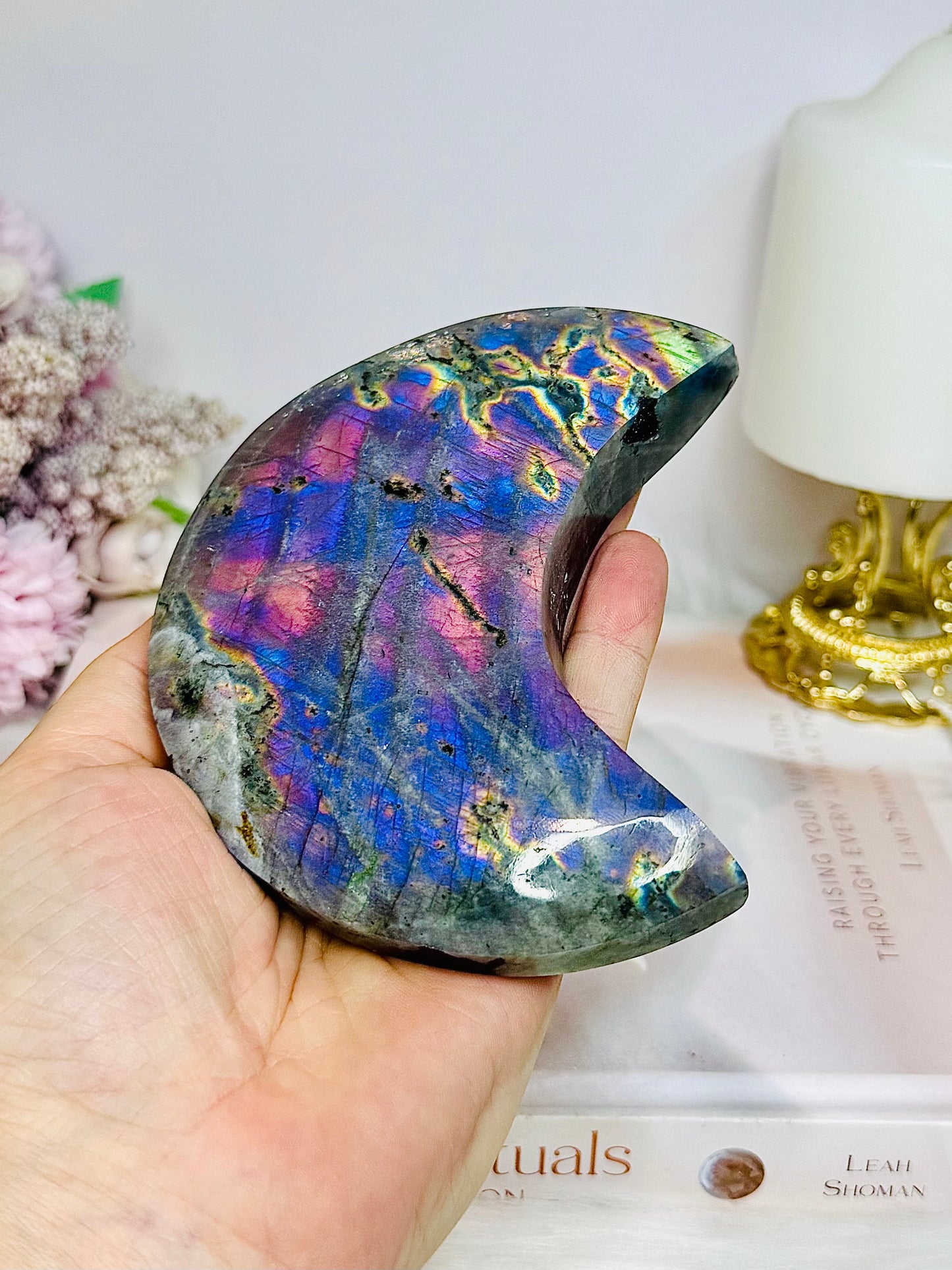 High Grade Large Labradorite Carved Moon Full of Flash 18.5cm