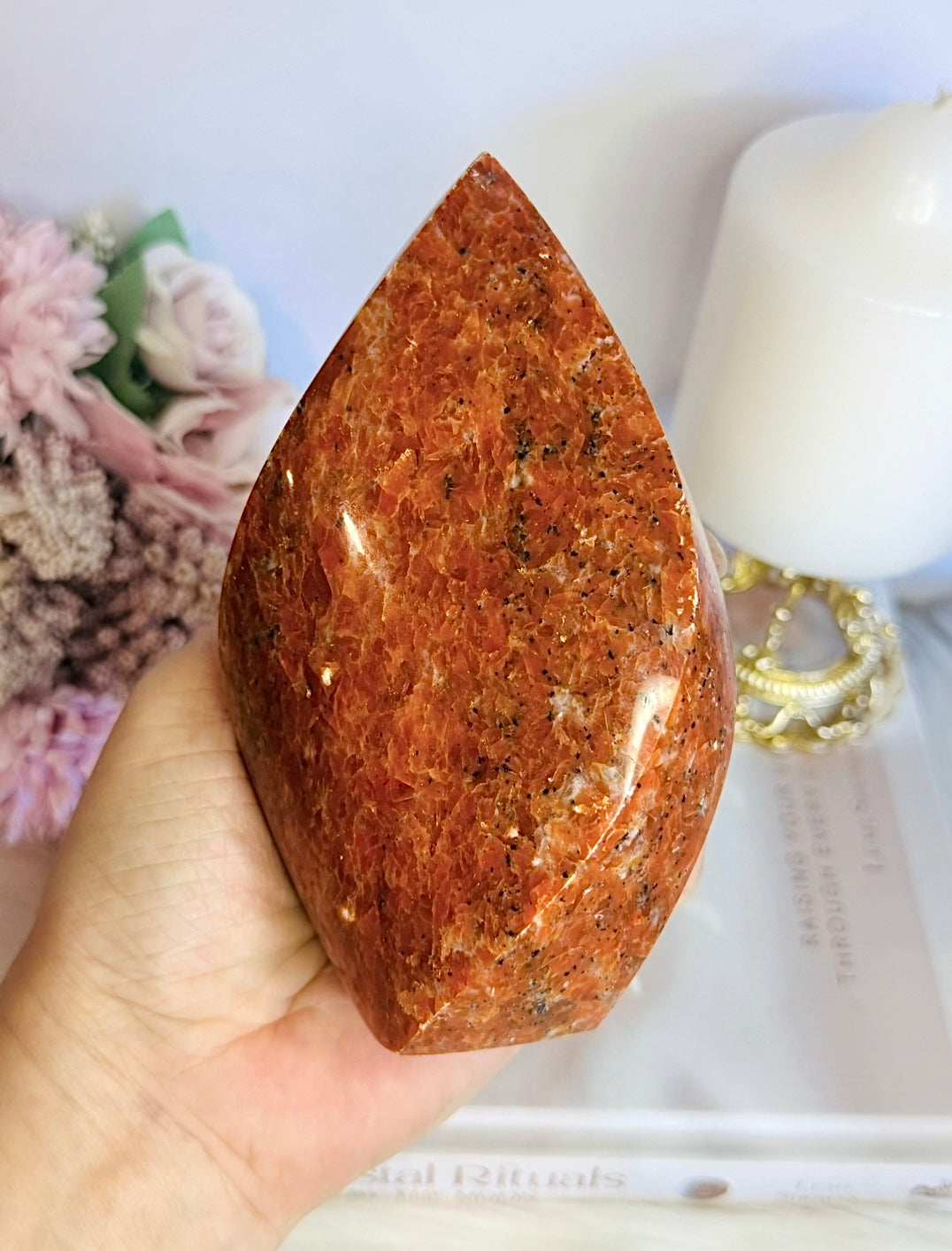 Incredible Large Chunky 14cm Sunstone Carved Flame | Freeform