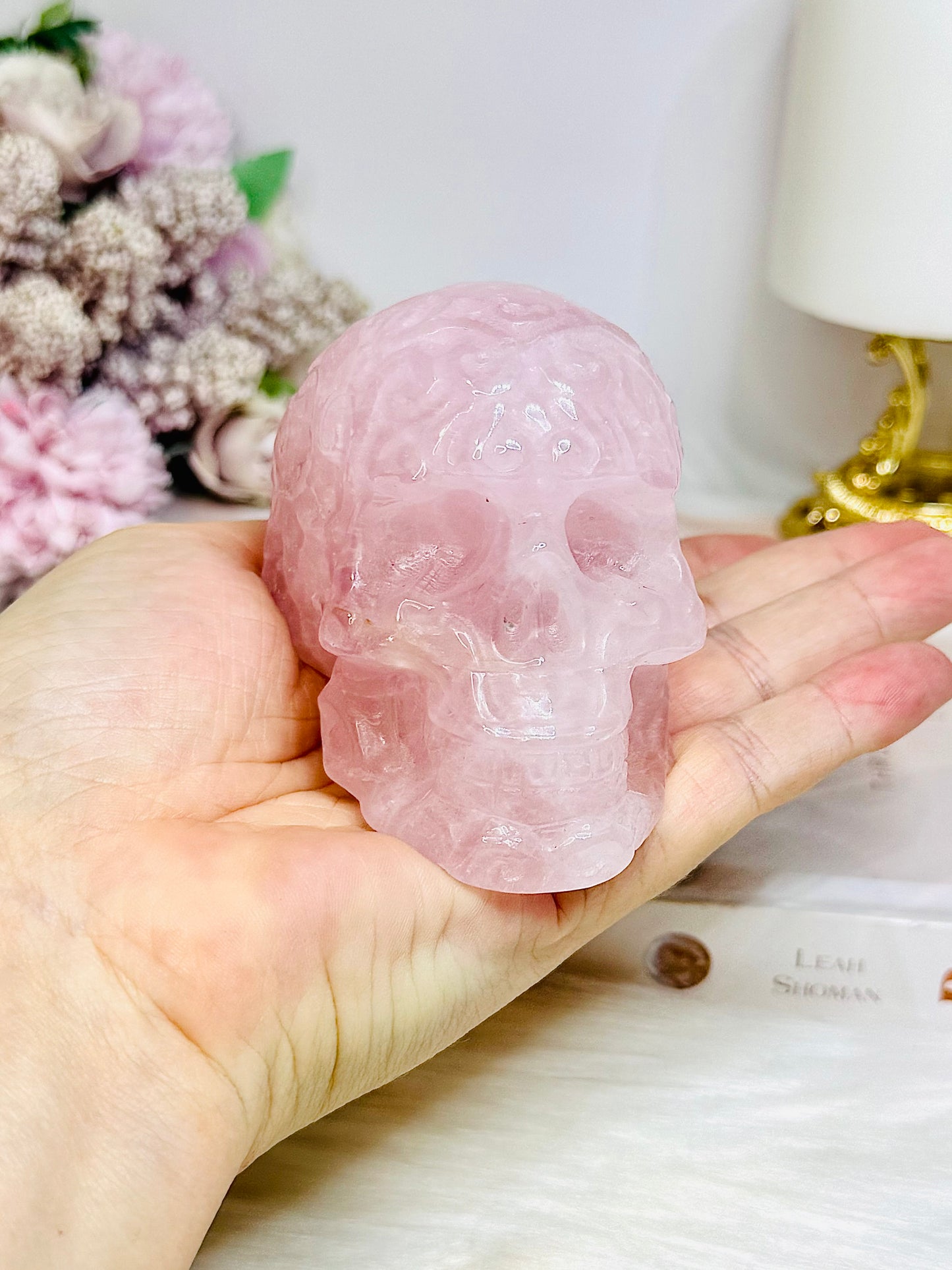 Large Rose Quartz Filigree Skull 8.5cm 407g