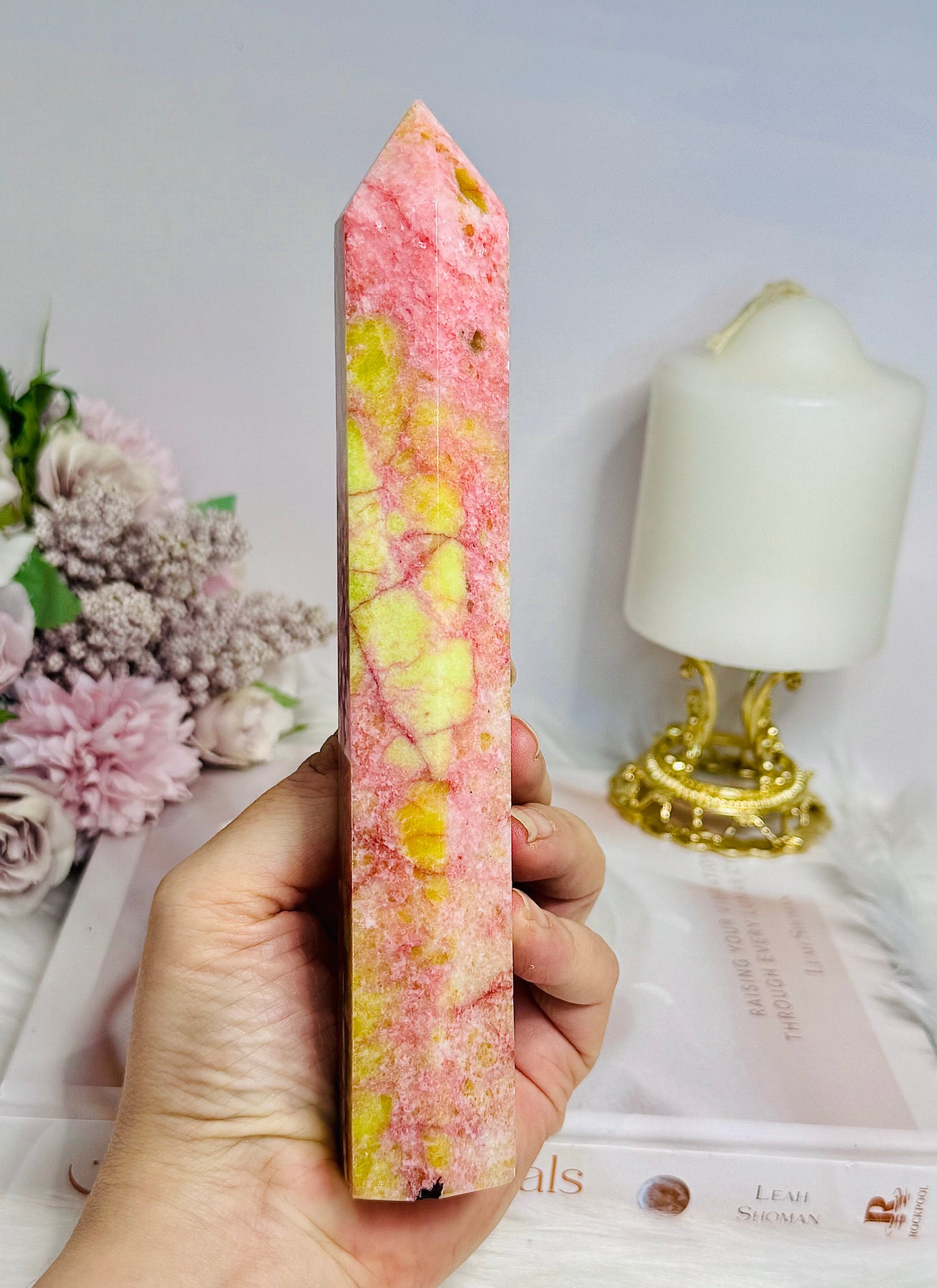 Rare Large Thulite Tower with Epidote Inclusions 19cm