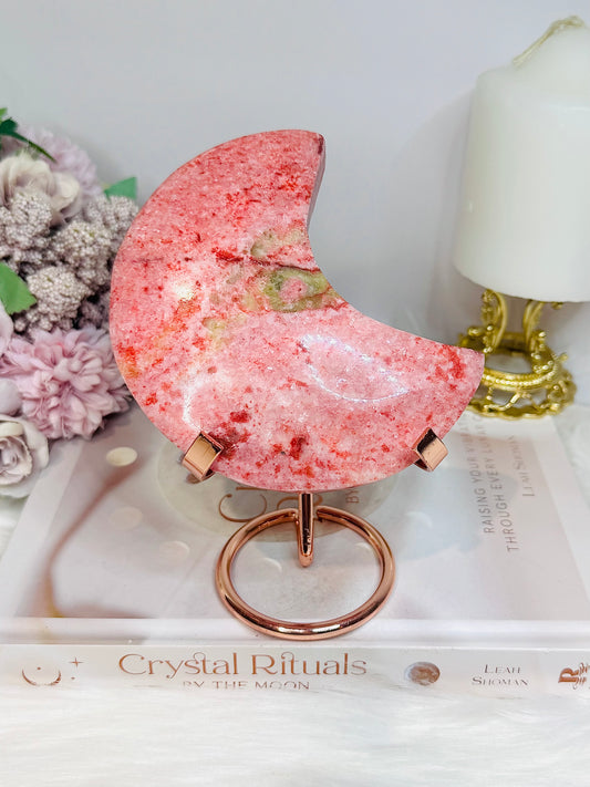 Large Rare Thulite with Epidote Carved Moon on Stand 418g (Moon 11cm)