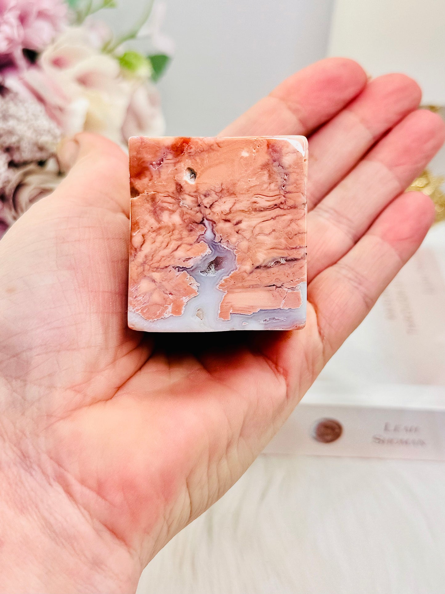 Chunky Small Pink Agate Druzy Carved Cube