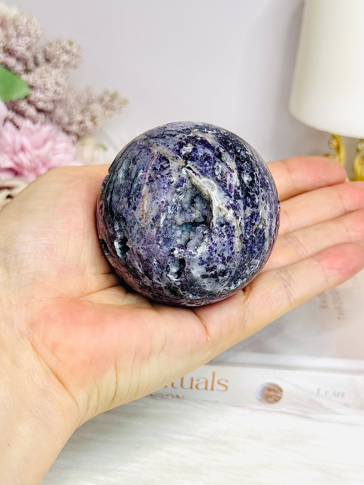 Natural Purple Fluorite X Sphalerite Druzy Sphere on Stand 306g