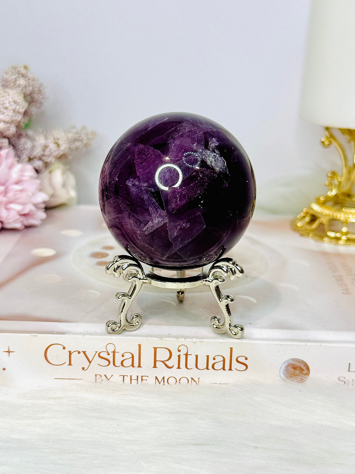 Large High Grade Purple Fluorite Sphere with Rainbows 336g