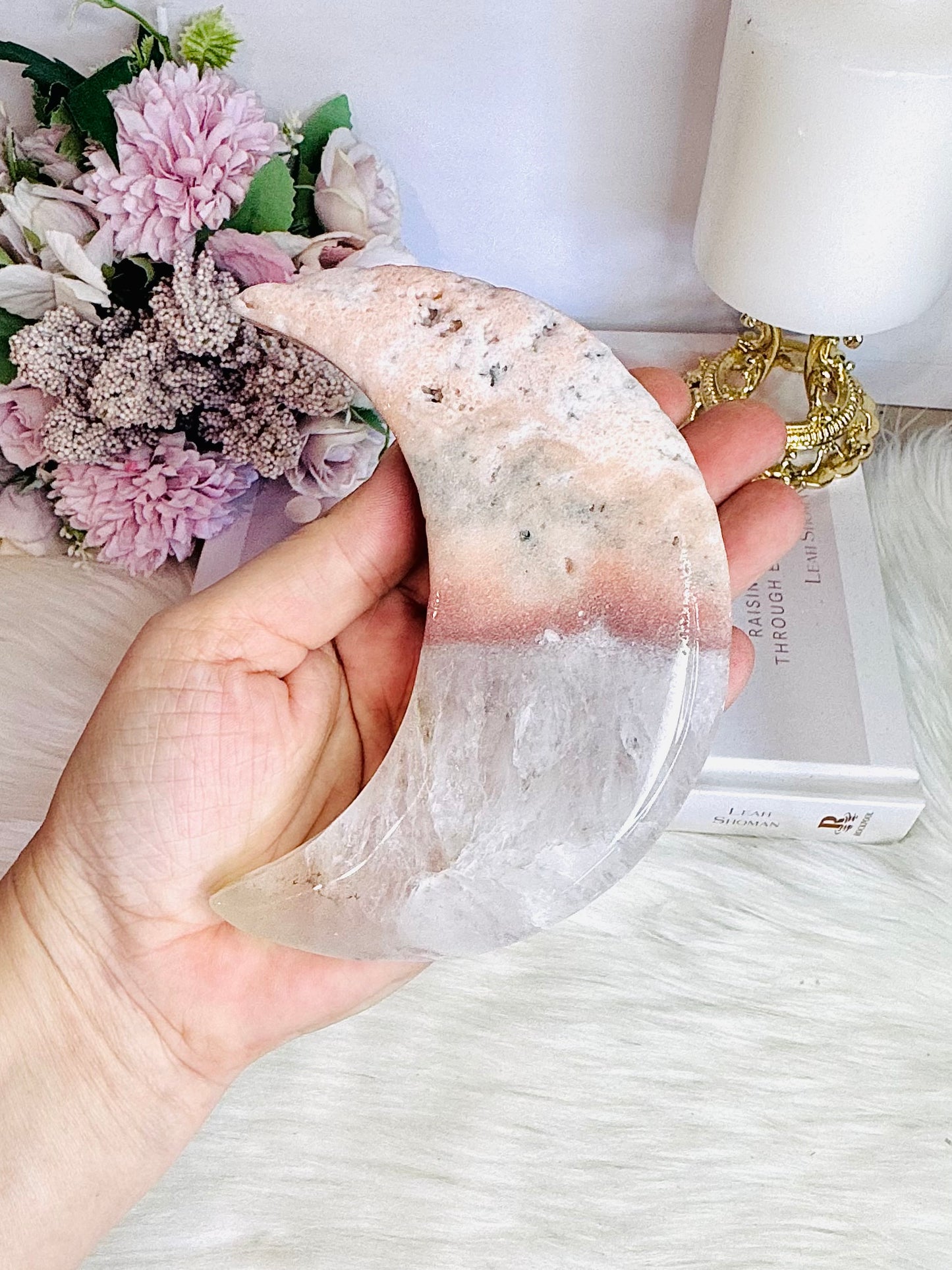 Pink Amethyst With Quartz Carved Moon 12.5cm