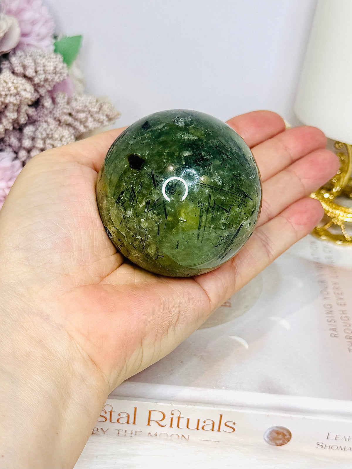 Large Druzy Prehnite Sphere on Stand 357g