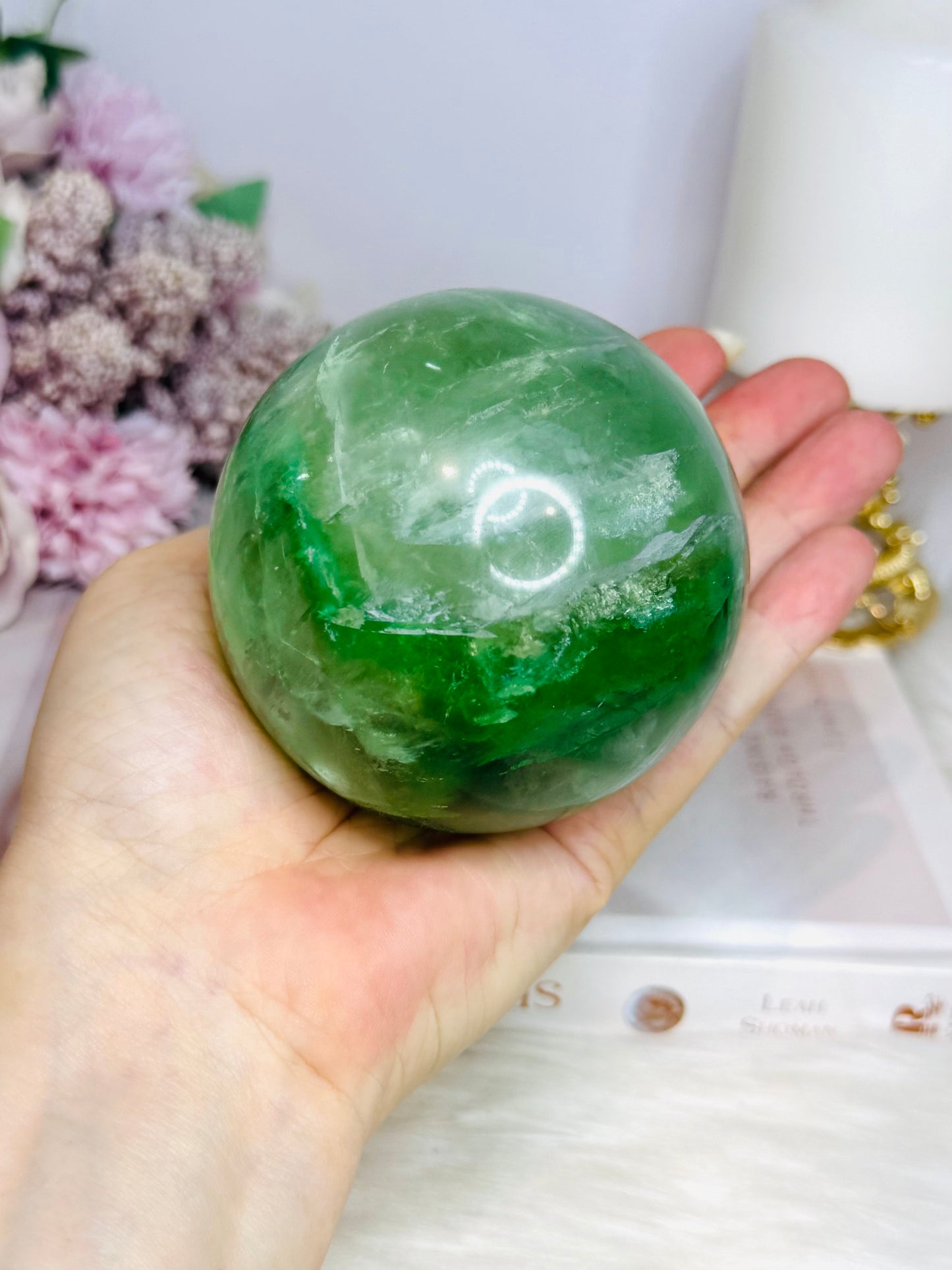 Large Green Fluorite Sphere Full of Rainbows 777g