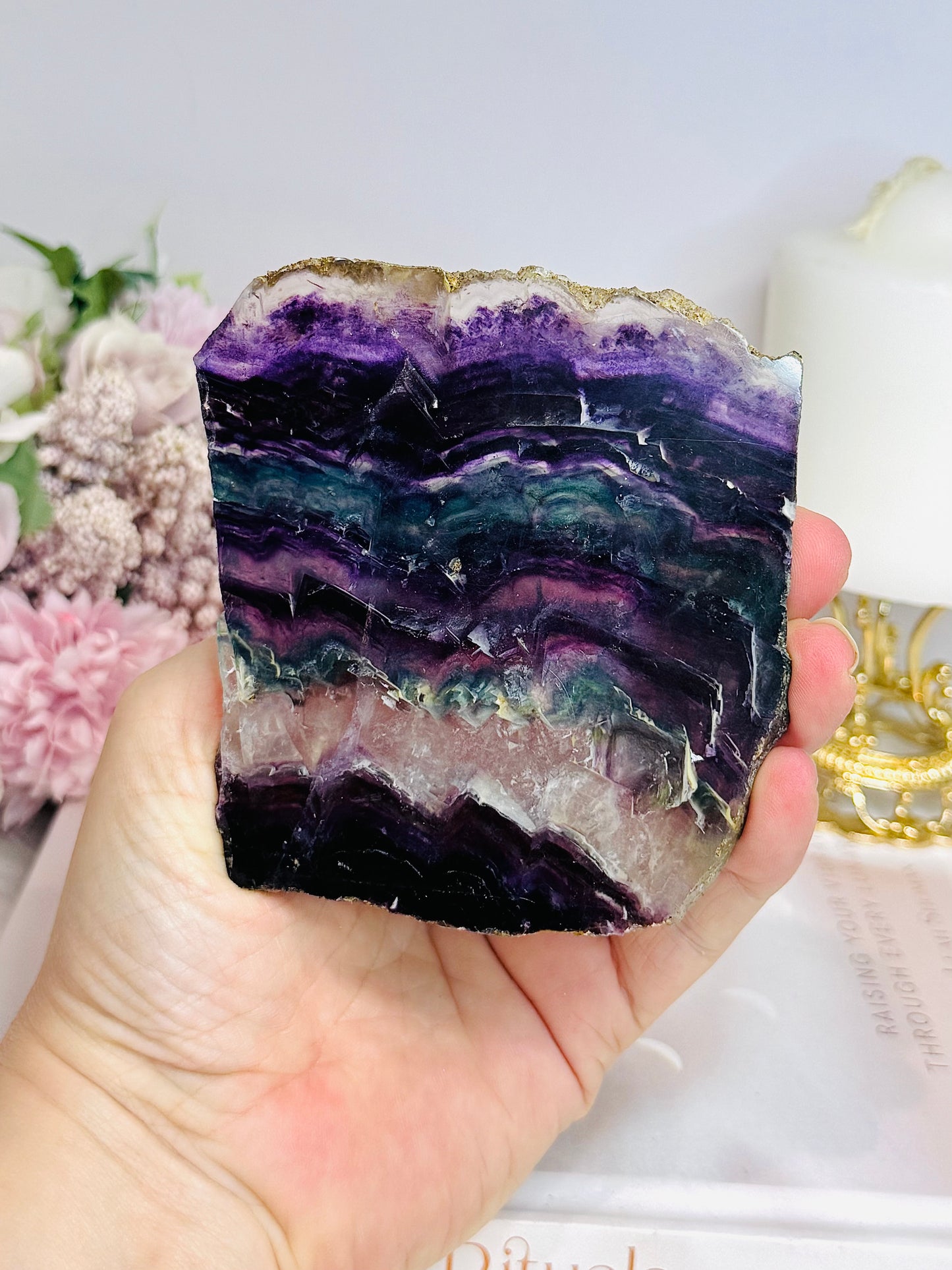 Natural Rainbow Fluorite Slab on Stand 10cm