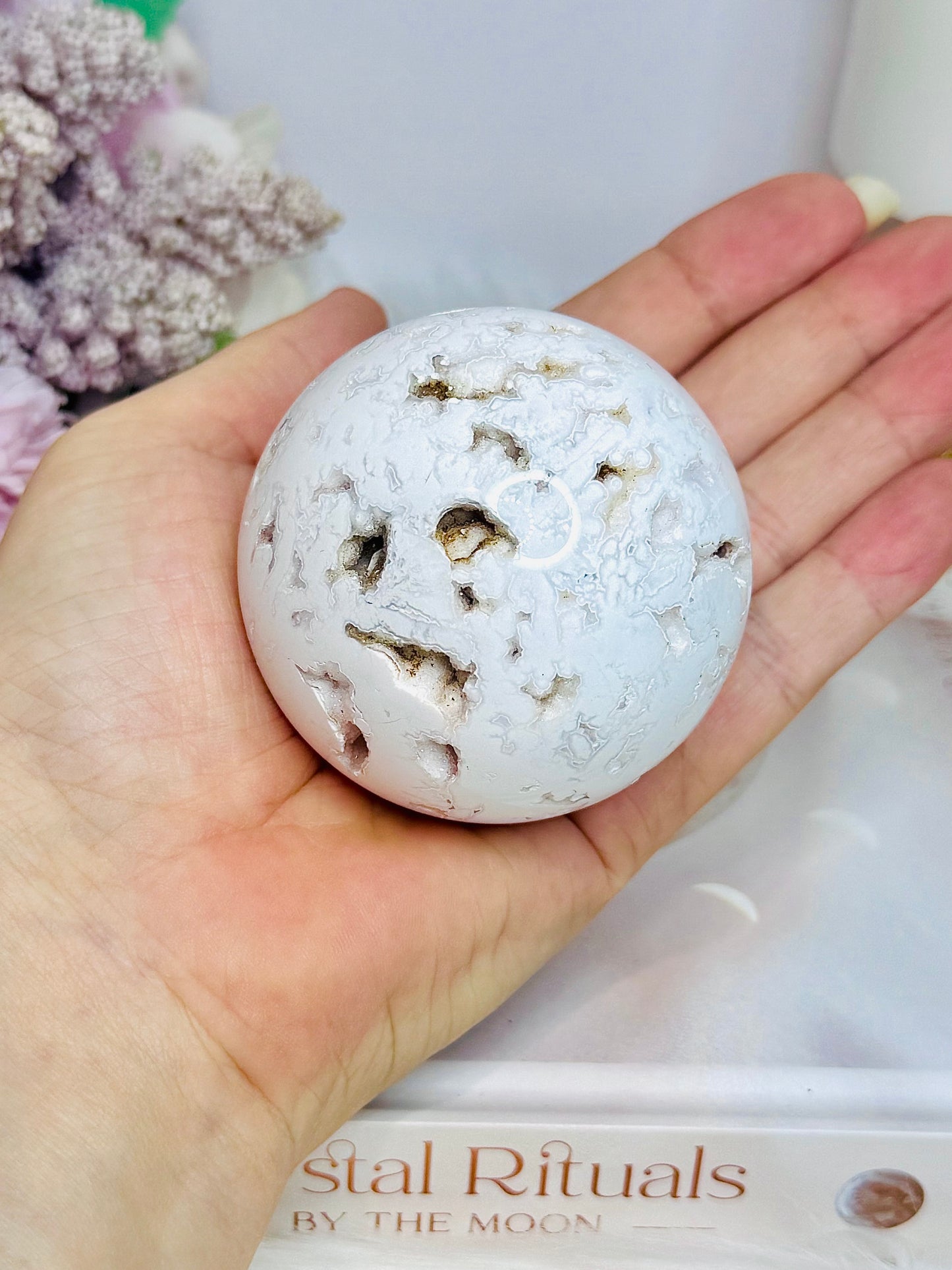 Large White Druzy Agate Sphere on Stand 297g