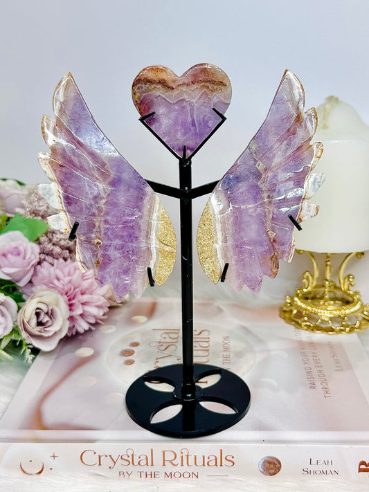Crazy Lace Amethyst Carved Heart with Angel Wings on Stand 19cm