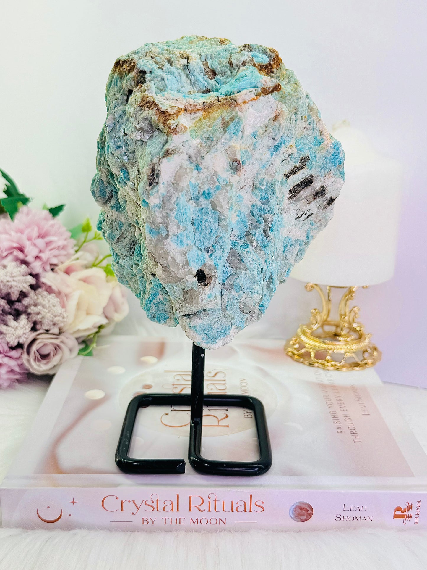 Huge Amazing Raw Rough Natural Amazonite With Smokey Quartz Inclusions 1.56KG 20cm On Stand From Brazil