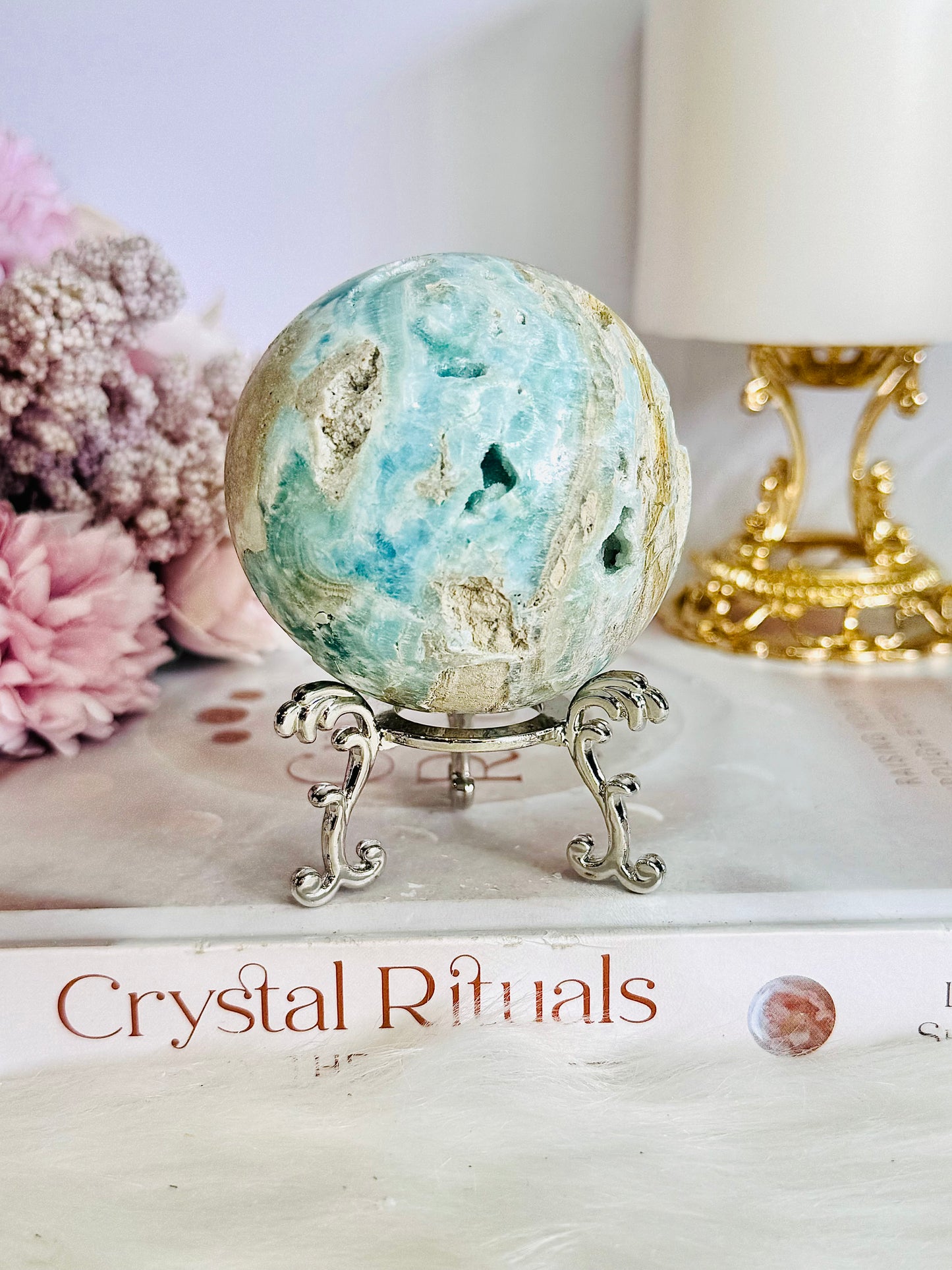 Beautiful Natural Blue Caribbean Calcite Sphere On Stand 304grams