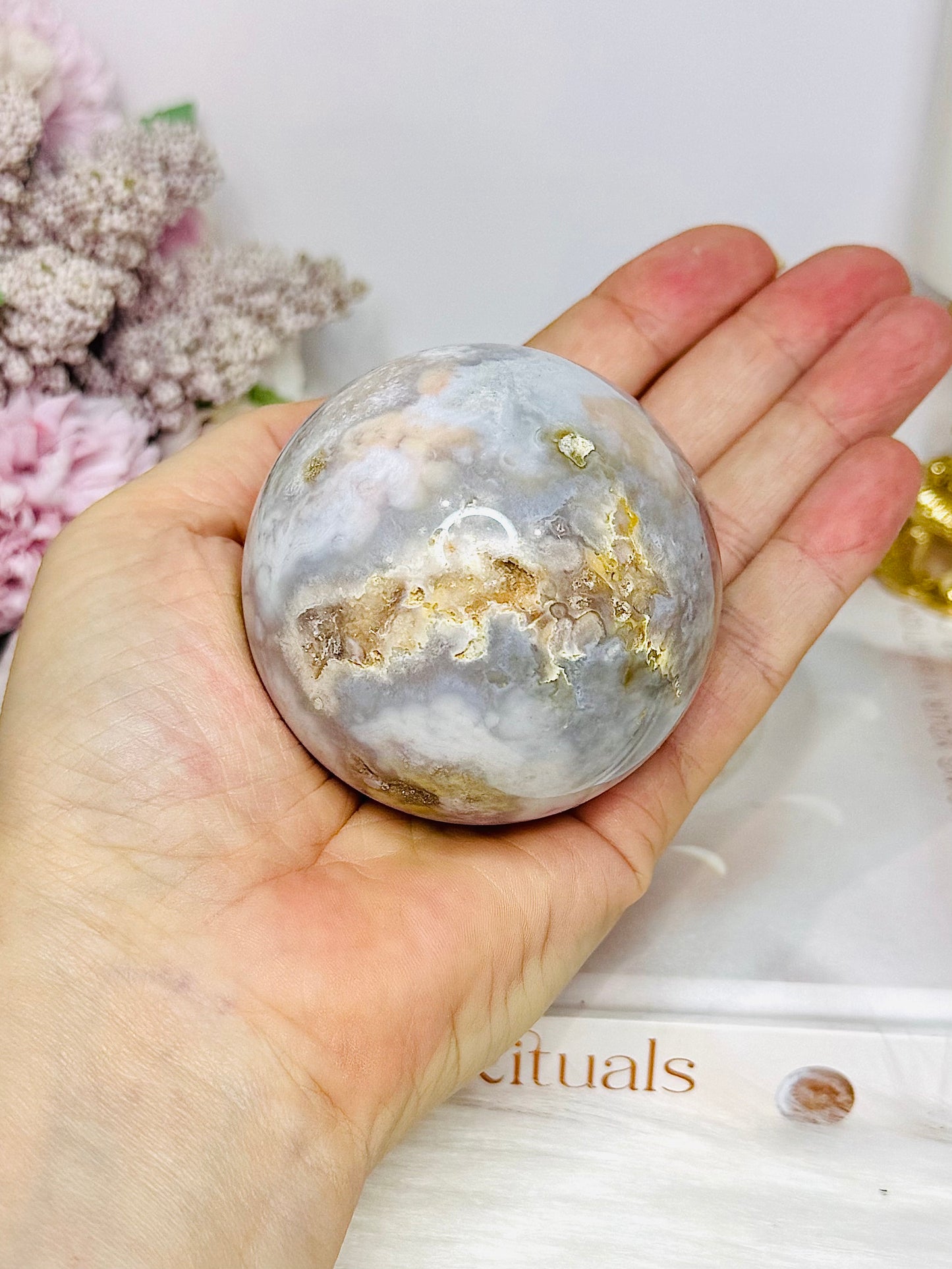 Large Flower Agate Sphere on Stand 319g