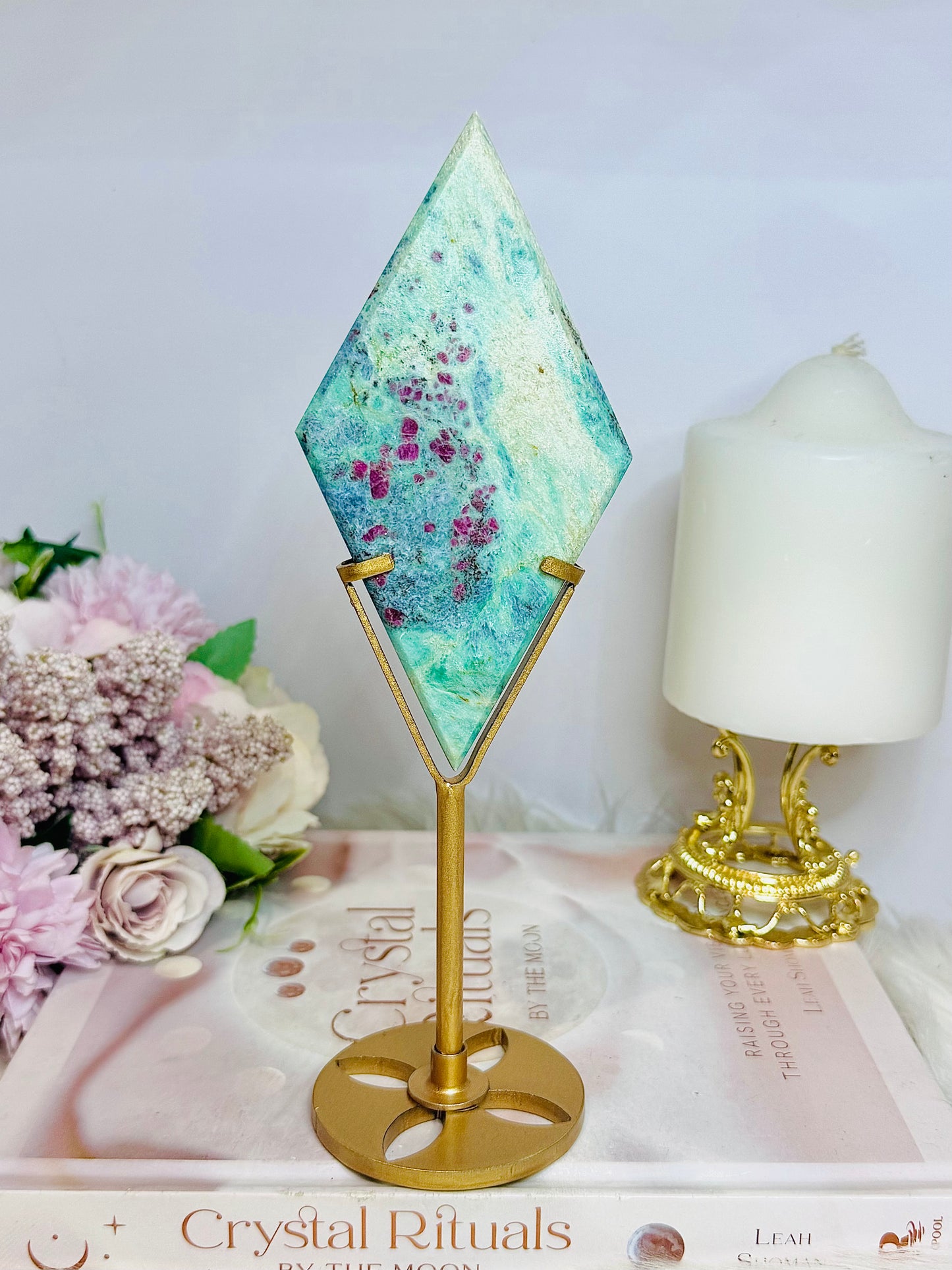 High Grad Ruby In Fuchsite Diamond (UV Reactive) on Gold Stand 20cm