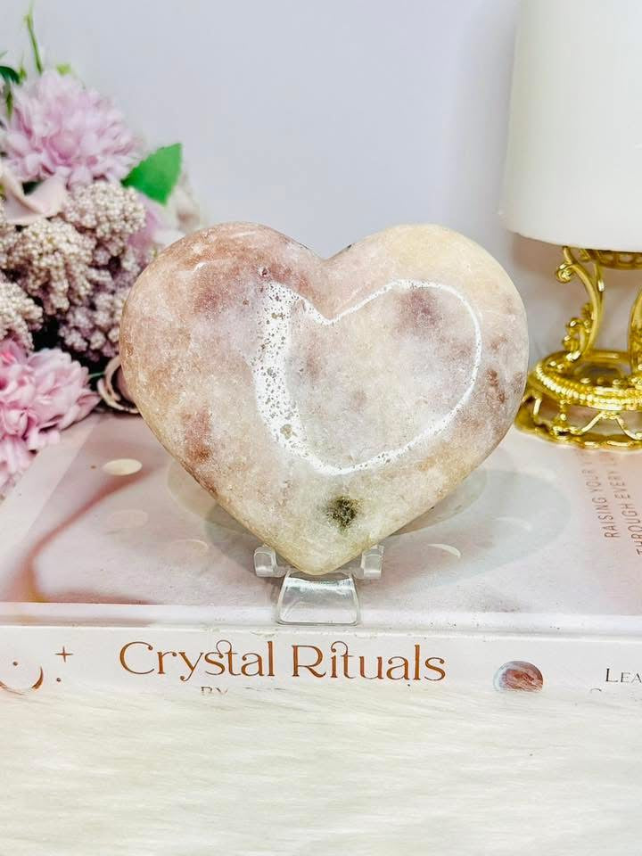 Large Chunky Pink Amethyst Carved Heart on Stand 10cm