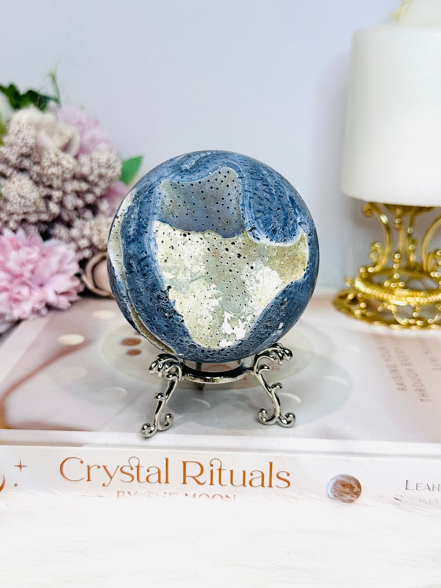 Rare Blue Coral Fossil Sphere on Stand 310g