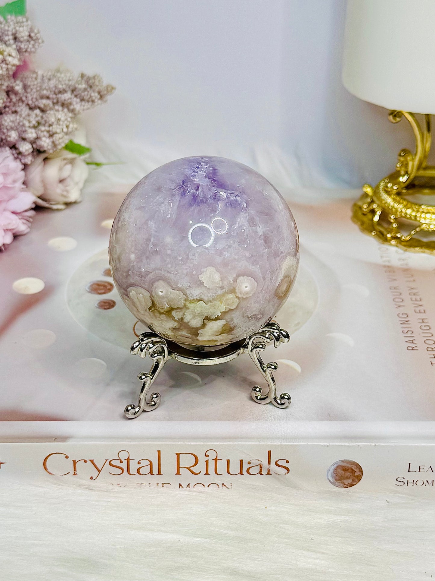 Flower Agate X Amethyst Sphere on Stand 280g