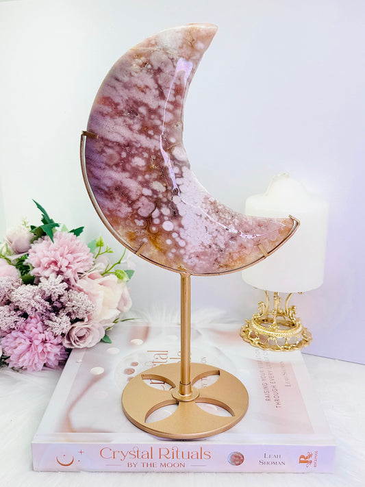 Absolutely Spectacular Large 28cm (Inc Standing) Druzy Pink Amethyst Carved Moon On Gold Stand From Brazil