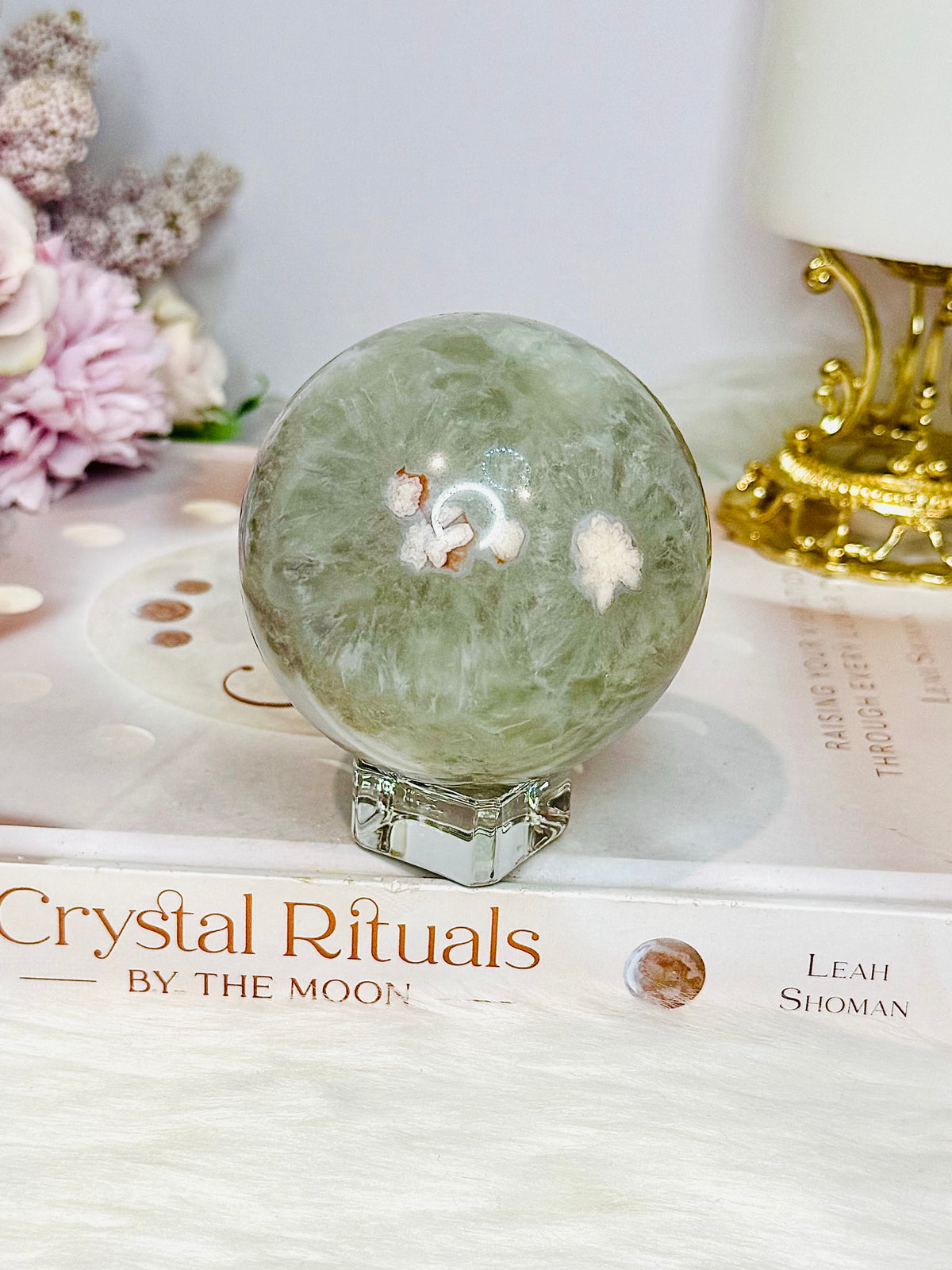 Large Green Flower Agate Sphere On Stand 369g