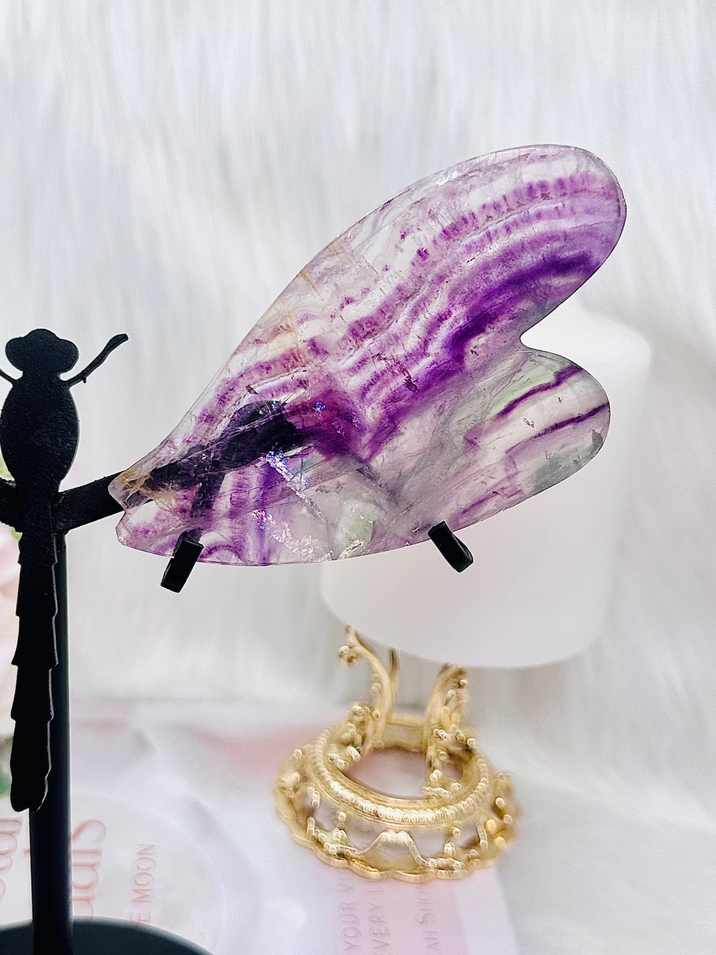 What A Beauty!!! Large 18.5cm Stunning Purple Fluorite Dragonfly Wings On Black Stand