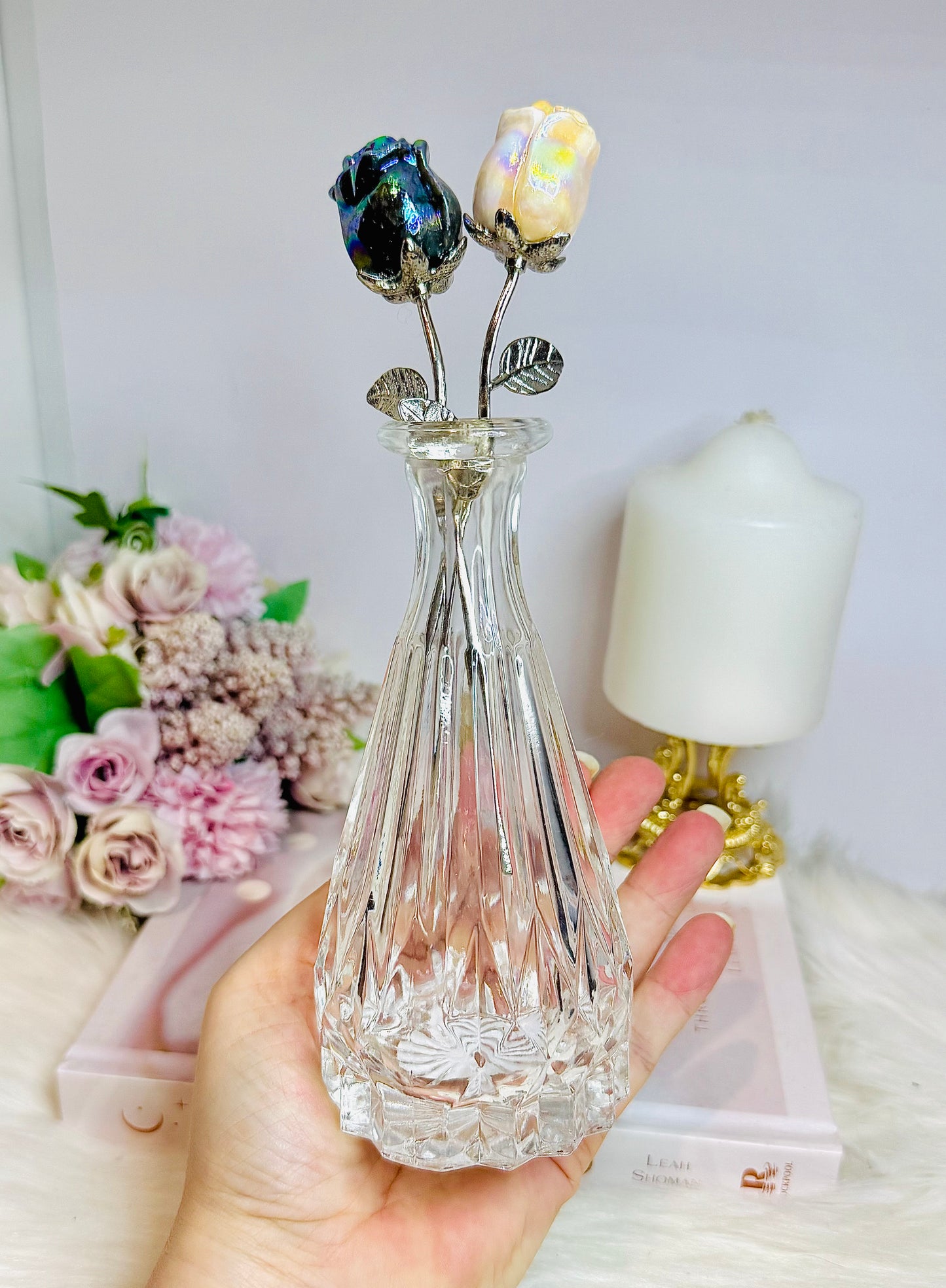 Angel Aura Roses Amethyst & Quartz in Glass Vase 20cm Tall
