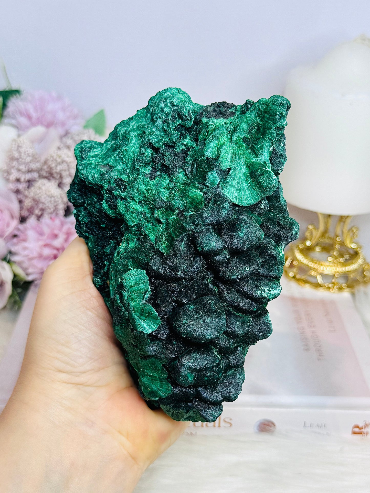 High Grade Velvet Botryoidal Malachite Natural Specimen on Stand 882g 15cm