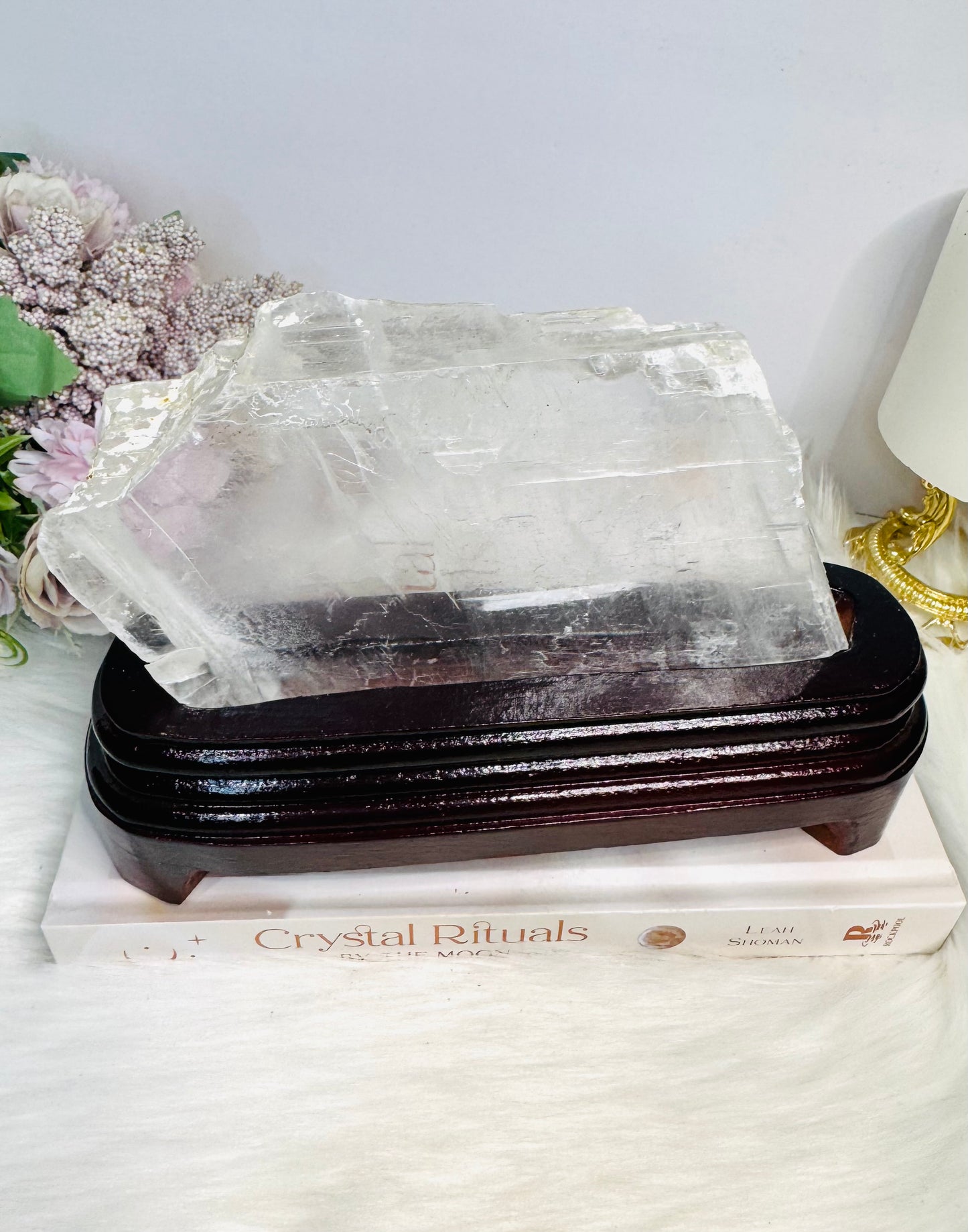 Natural Large Selenite Slab on Timber Stand 19.5cm 701g