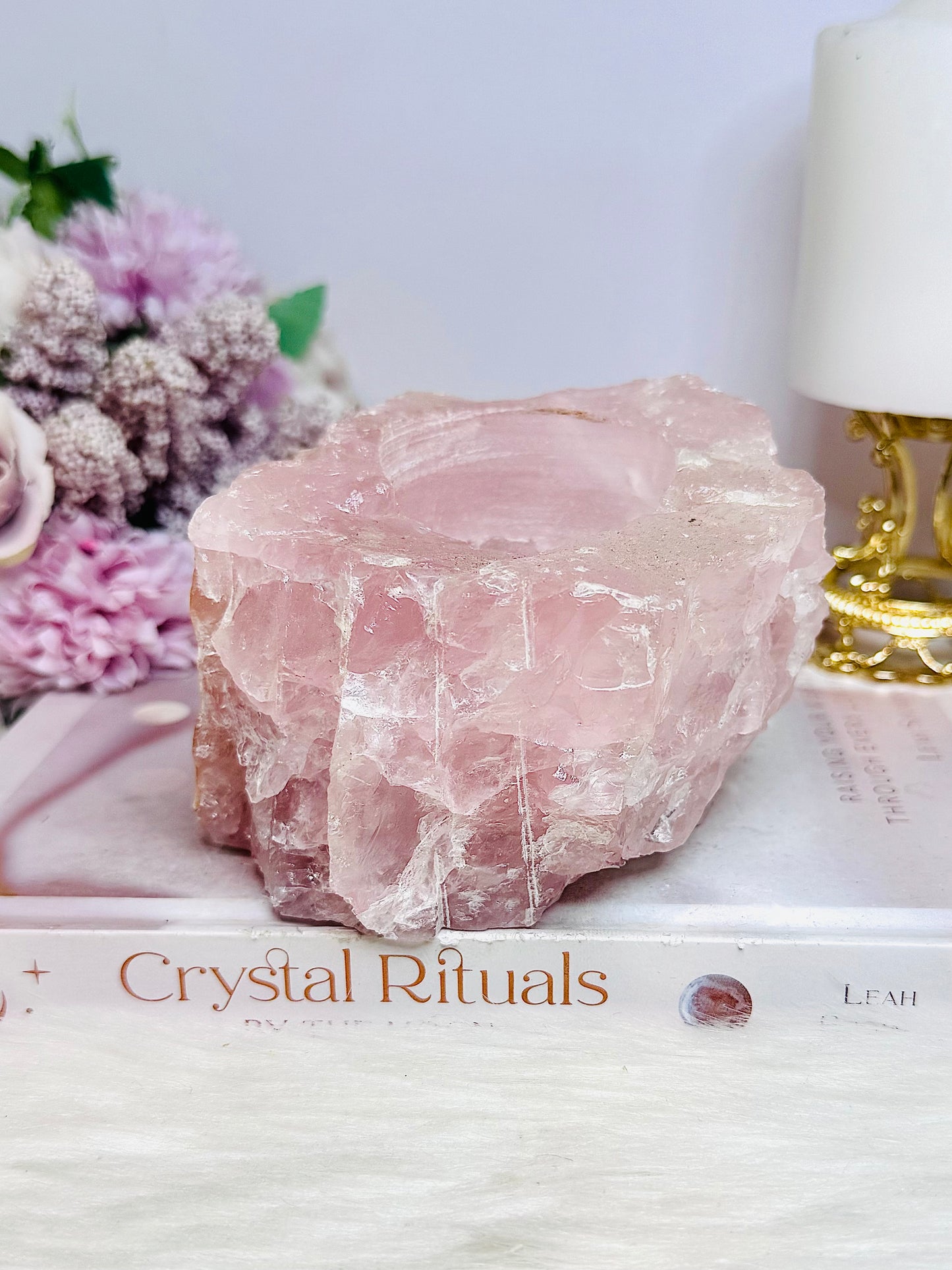 Large Chunky Rose Quartz Candle Holder 892g