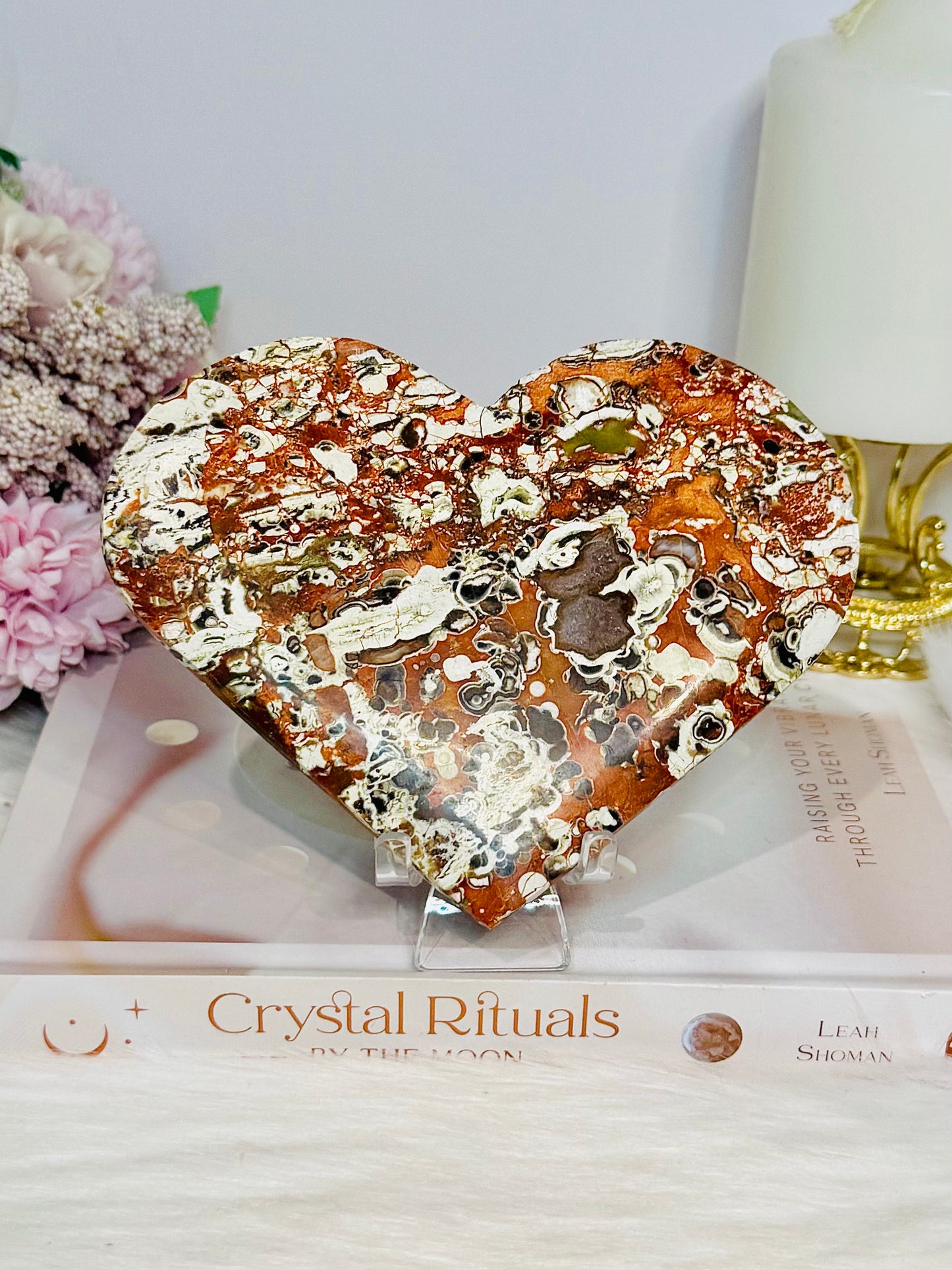 Large Money Agate Carved Heart On Stand 14.5cm