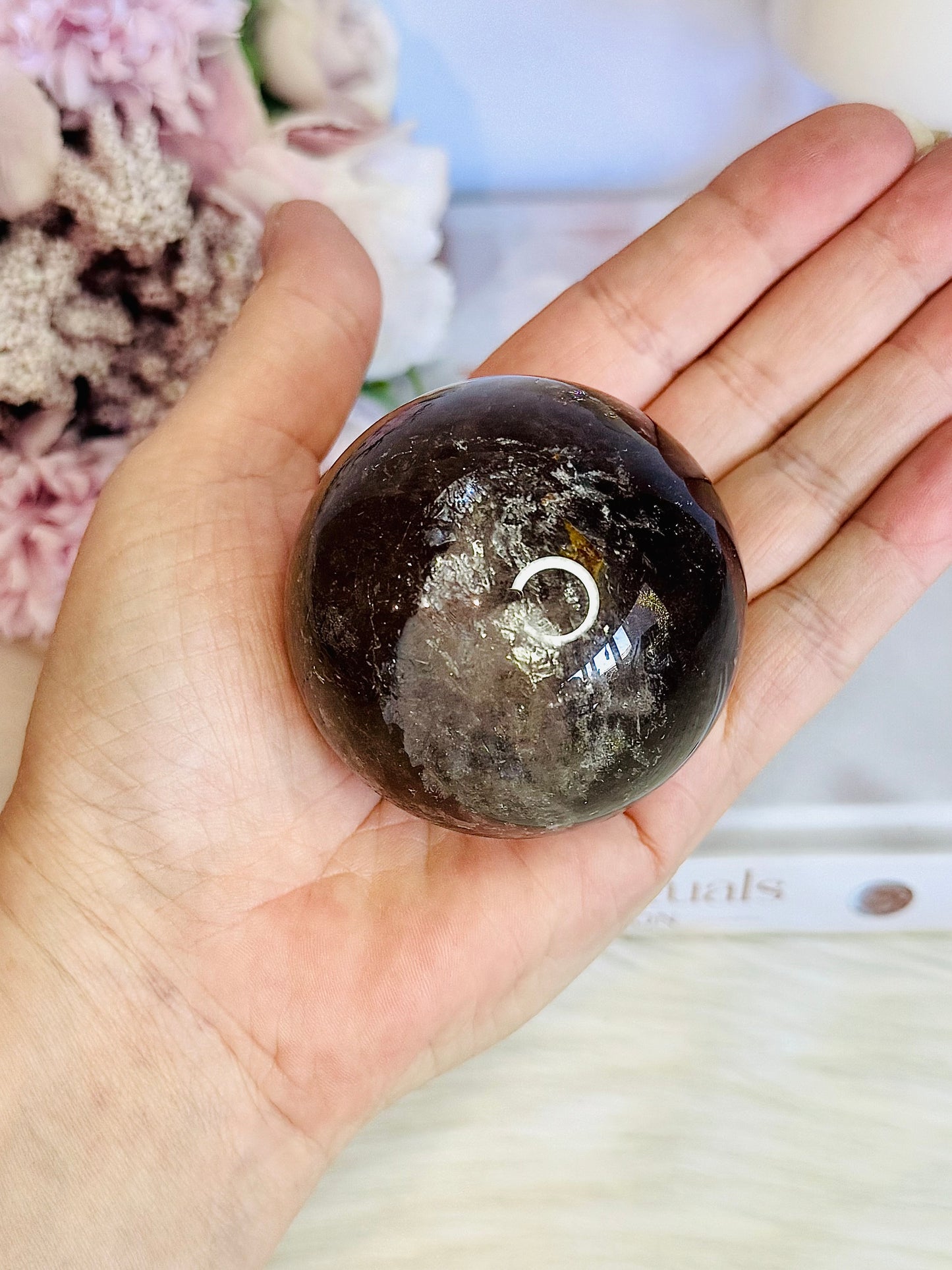 Beautiful 265gram Smokey Quartz Sphere with Rainbow on Stand