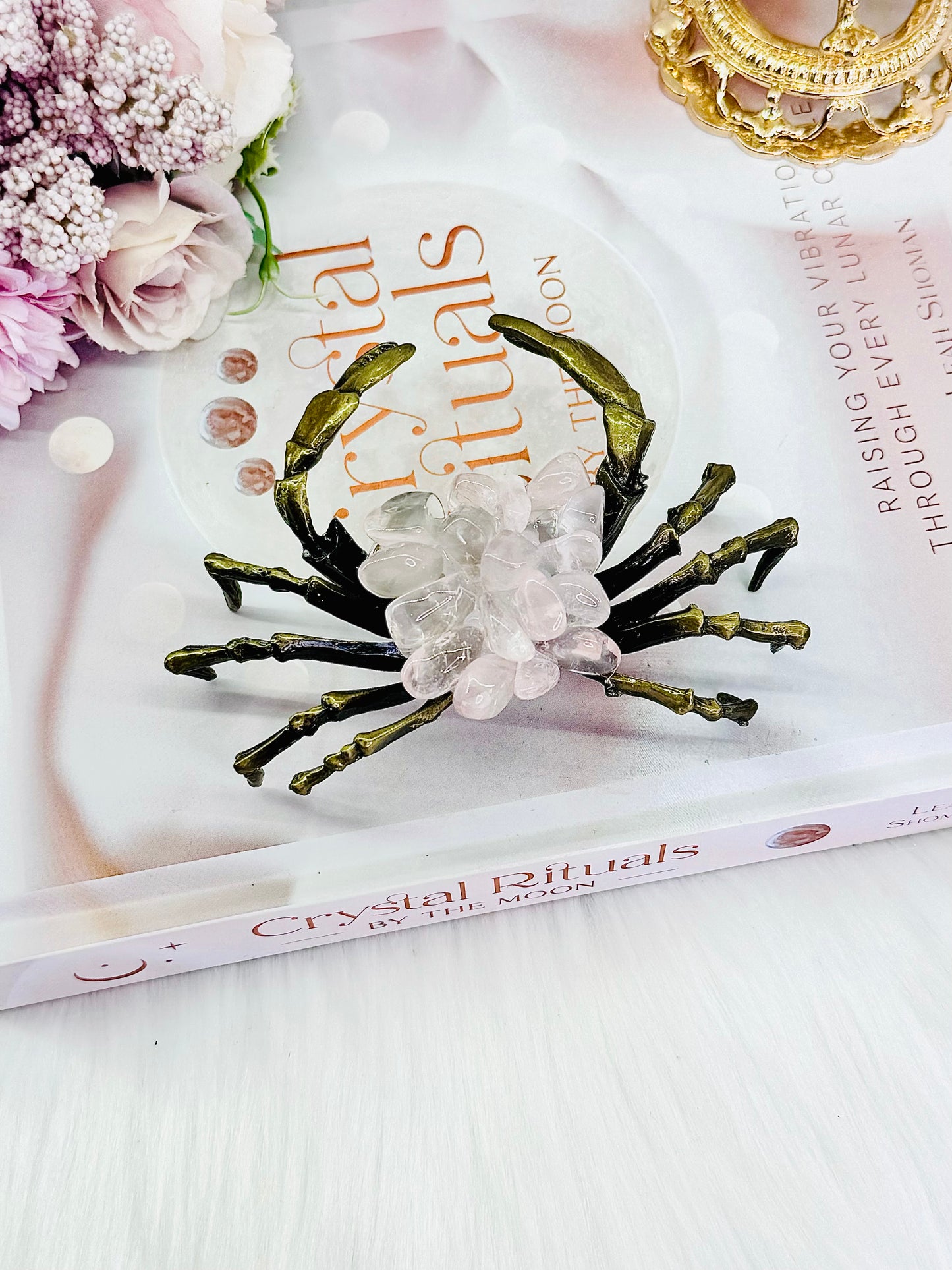 Stunning Large Rose Quartz Crab with Gold Metal Legs