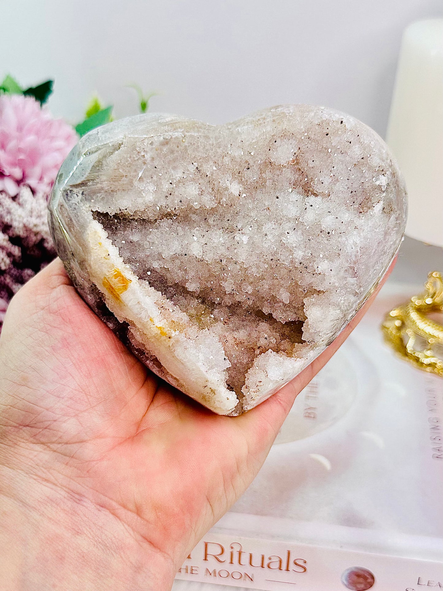 Absolutely Divine Large Chunky Druzy Agate Heart On Silver Stand 564grams