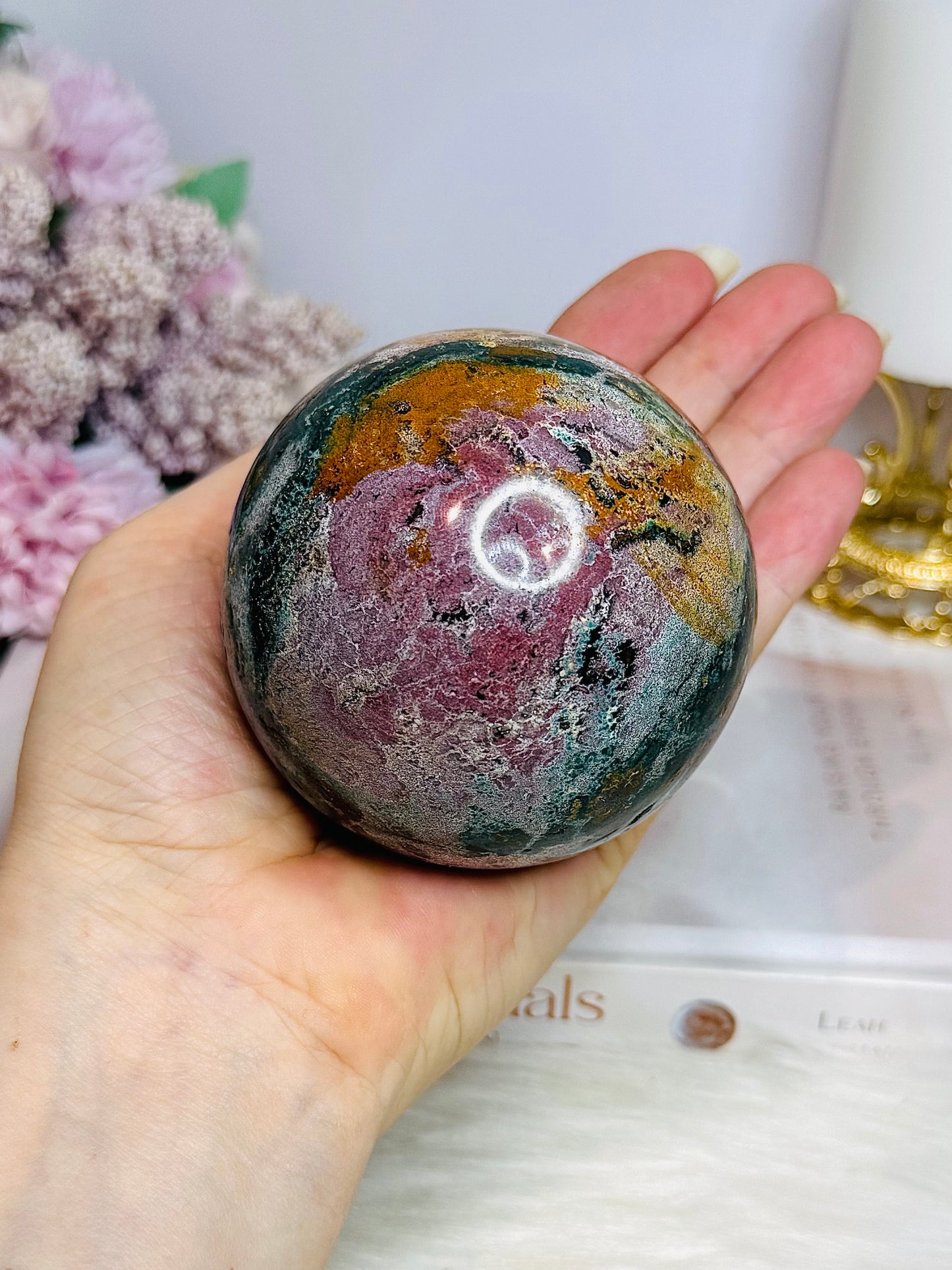 Large Ocean Jasper Sphere On Stand 516g