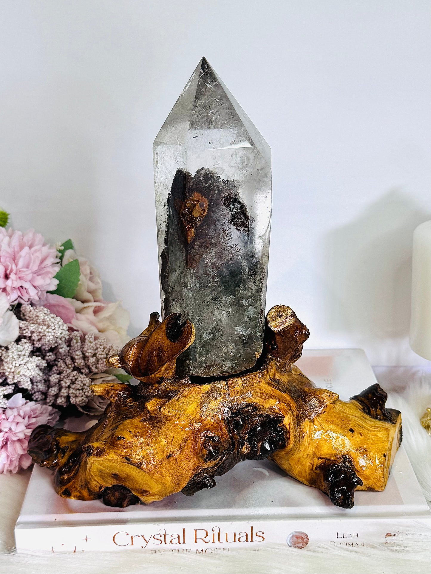 Stunning Large High Grade Garden Quartz | Lodolite Tower on Timber Base 1.02KG 21cm