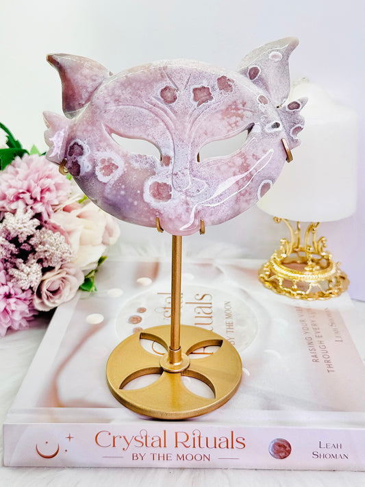 Wowww!!!!! Absolutely Incredible Large 20cm (Inc Stand) High Grade Pink Amethyst Cat Mask On Gold Stand
