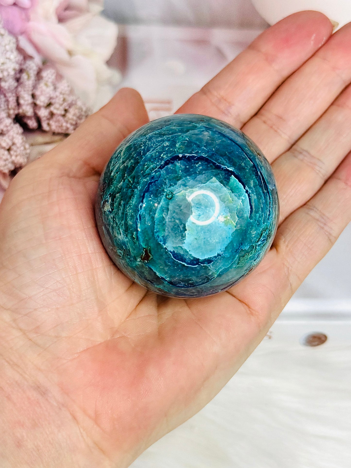 Stunning Natural High Grade Chrysocolla Carved Sphere on Stand 238grams