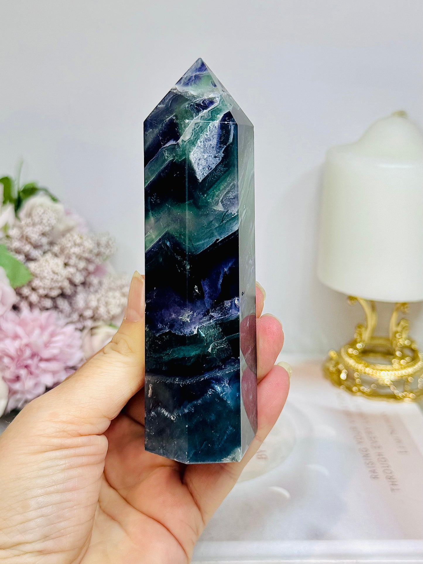 High Grade Rainbow Fluorite Tower 345g 13cm