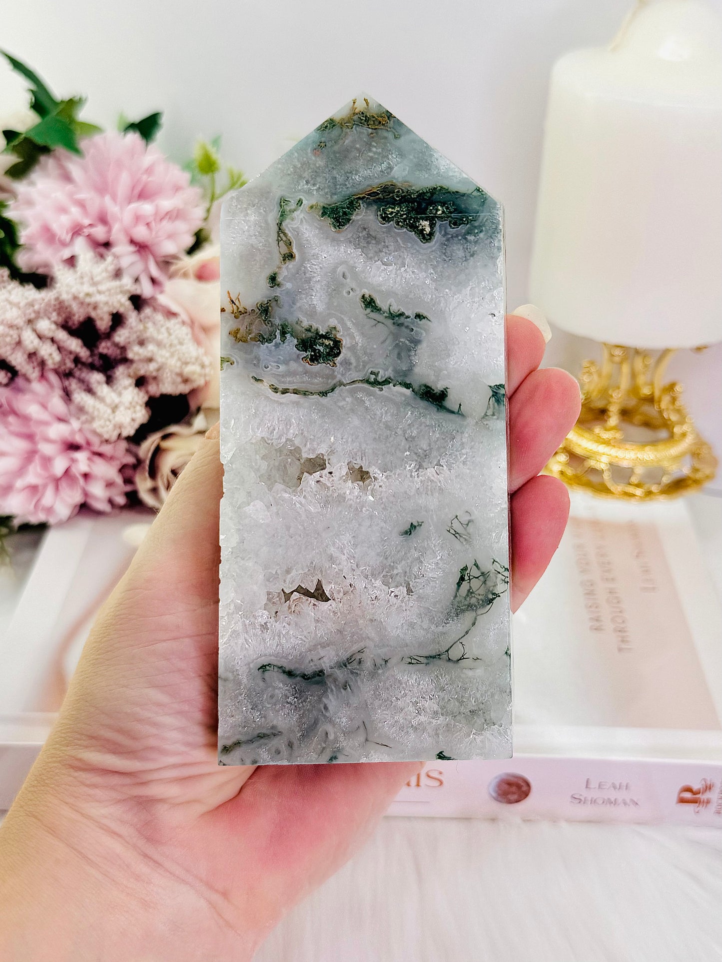 Peace & Tranquility ~ Stunning 481gram Druzy Moss Agate Thick Chunky Tower