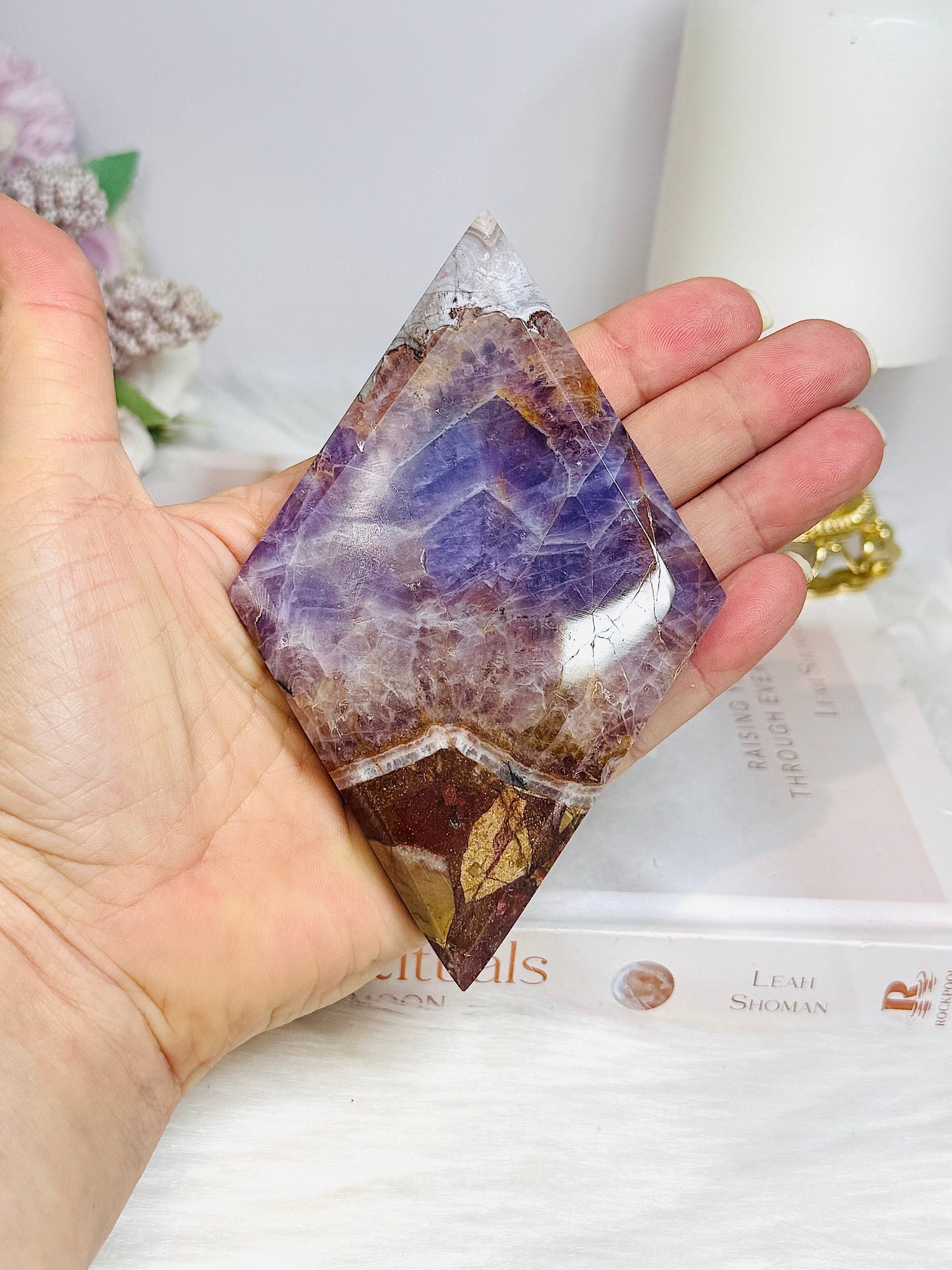 Crazy Lace Amethyst Diamond On Stand 13cm