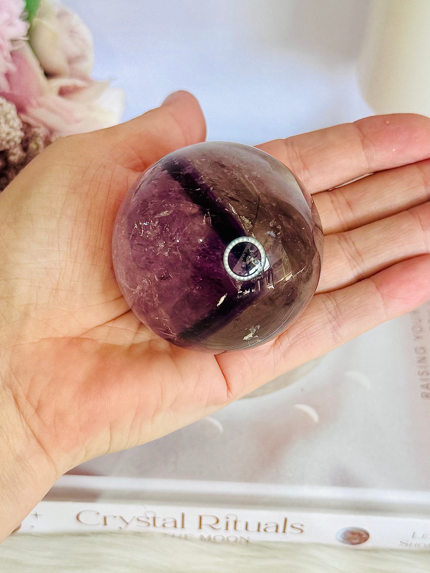 Incredible Phantom Amethyst Sphere with Rainbows 261grams On Stand