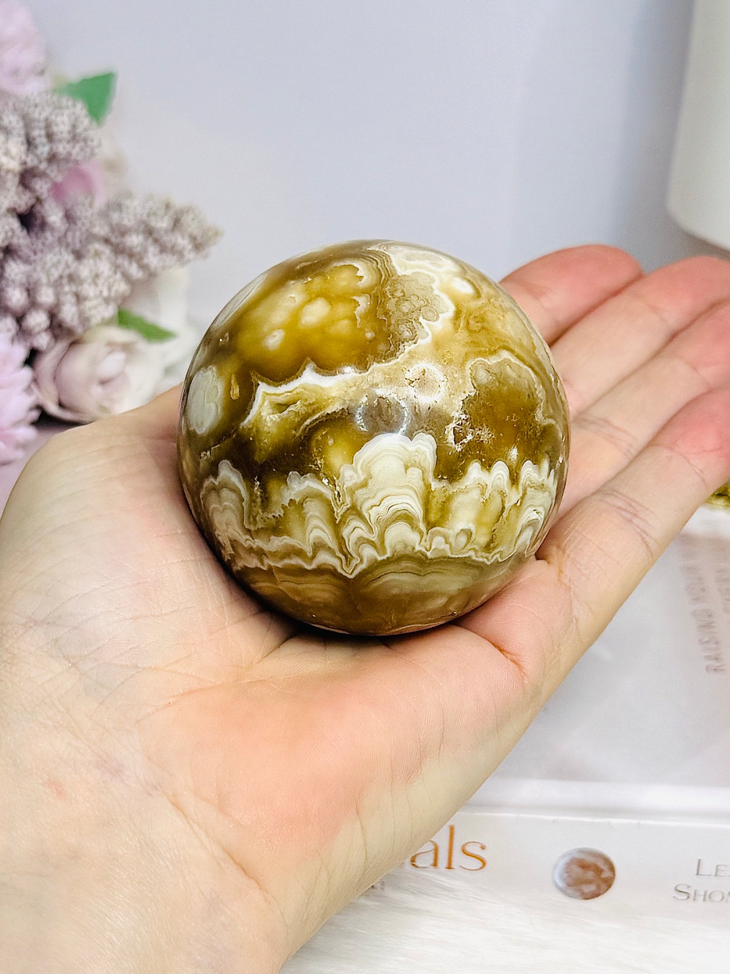Large Amber Calcite Sphere on Stand 327g