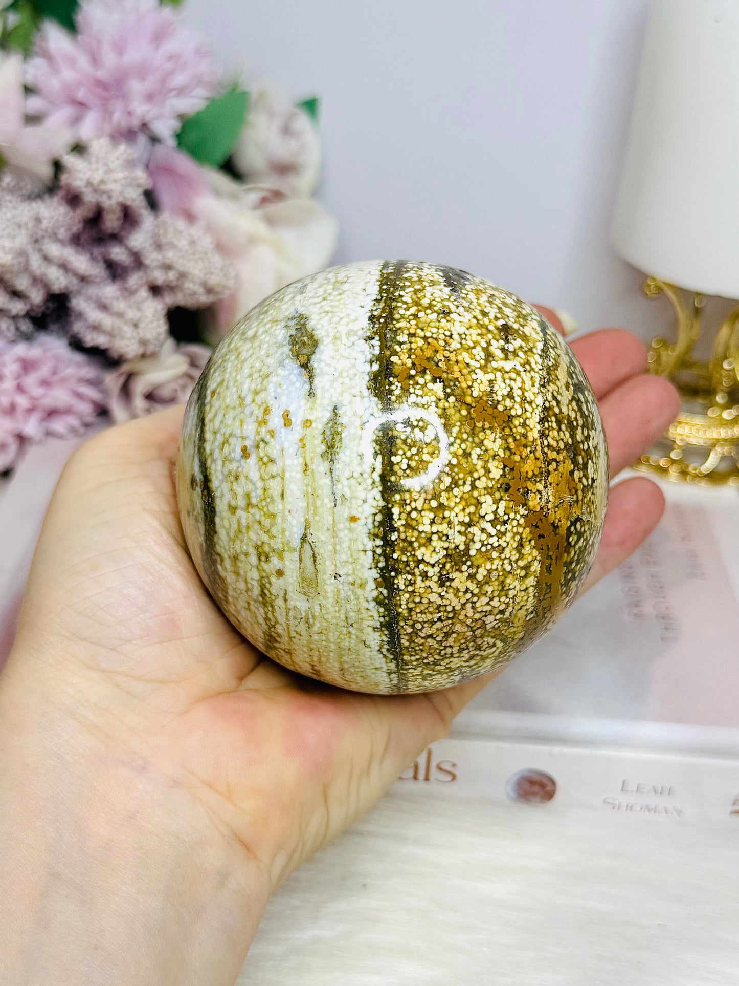 Large Orbicular Ocean Jasper Sphere On Stand 734g