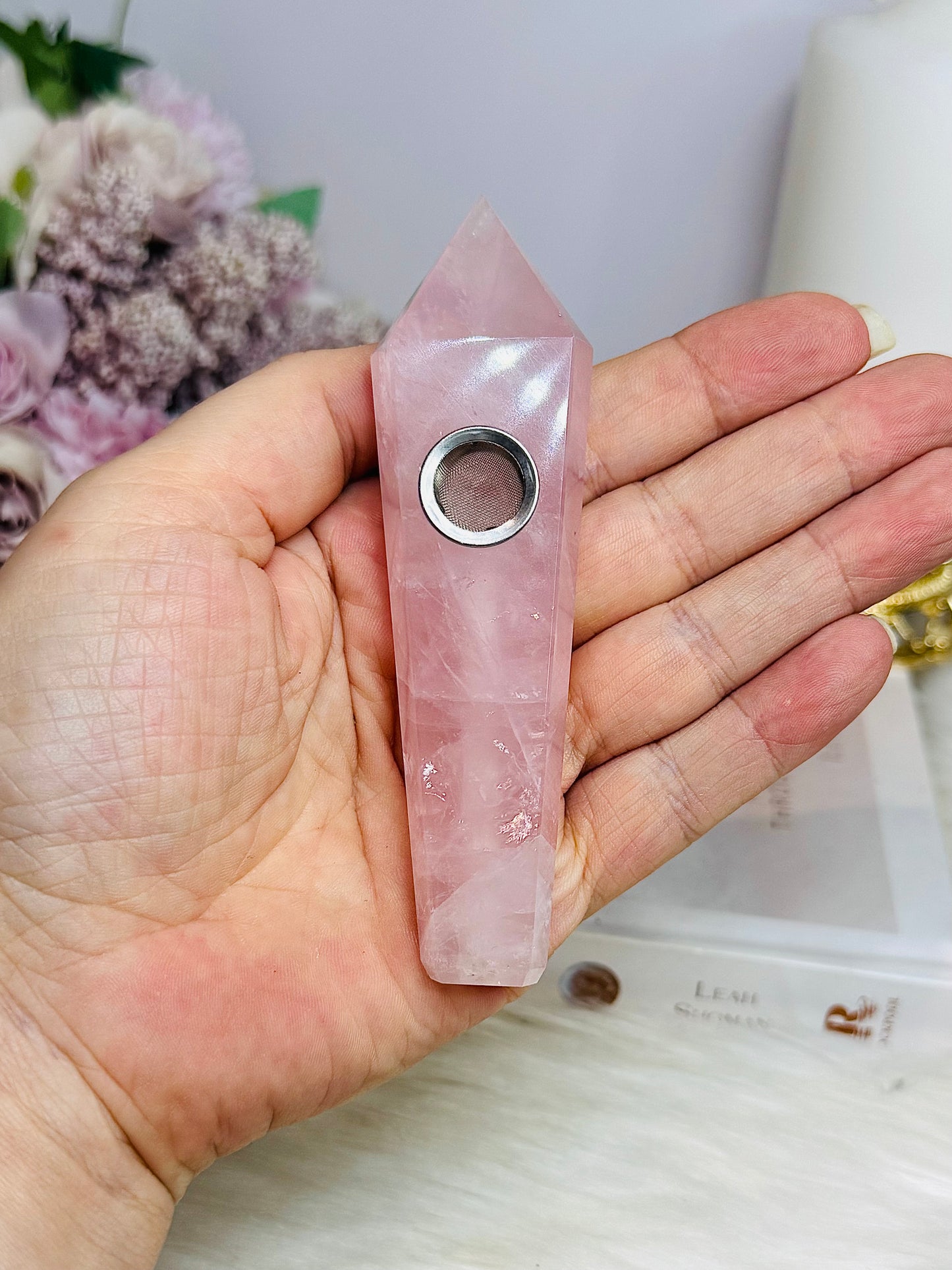 Rose Quartz Carved Pipe 11cm