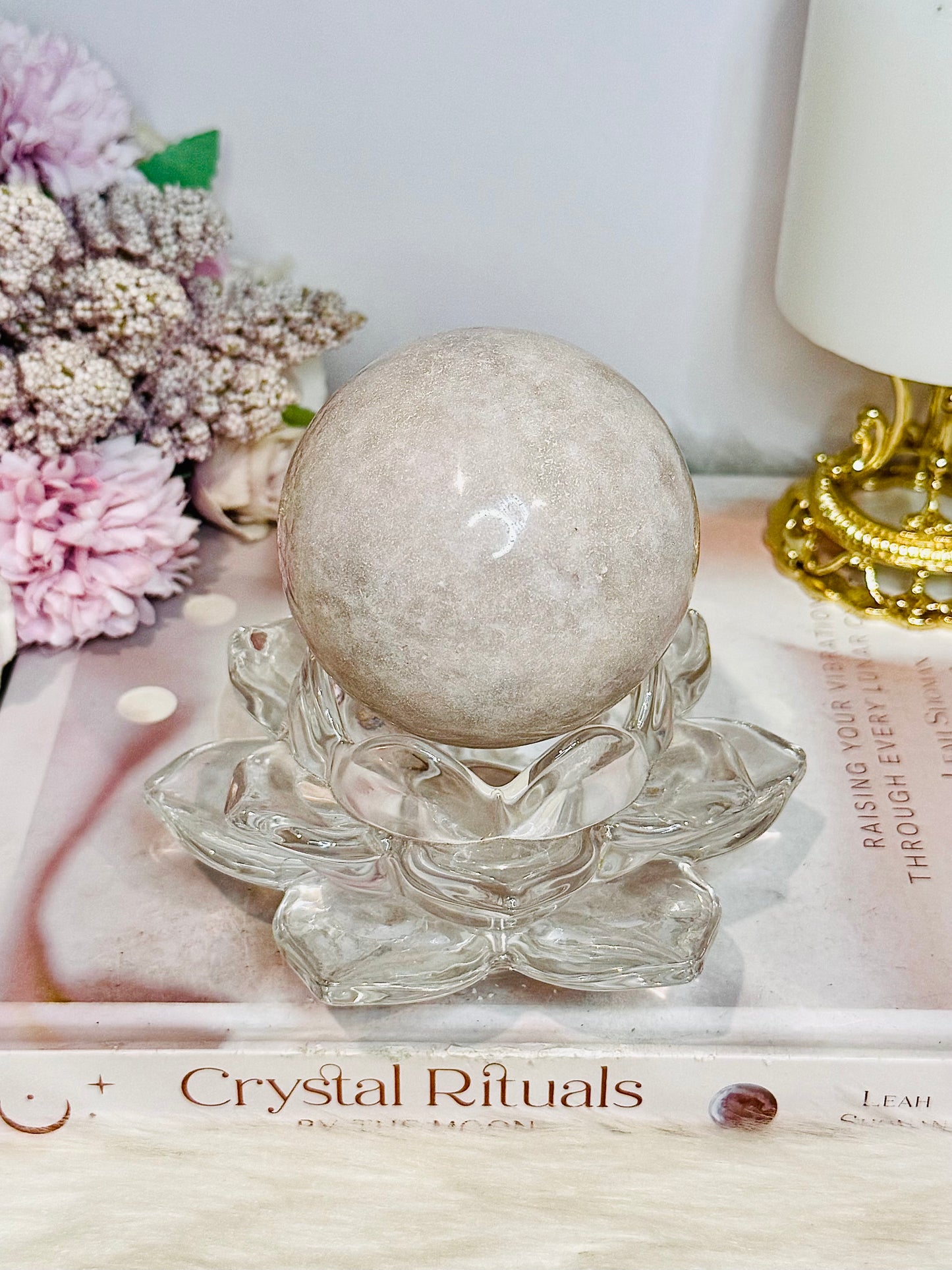 Large Pink Amethyst Sphere on Glass Lotus Stand 780g