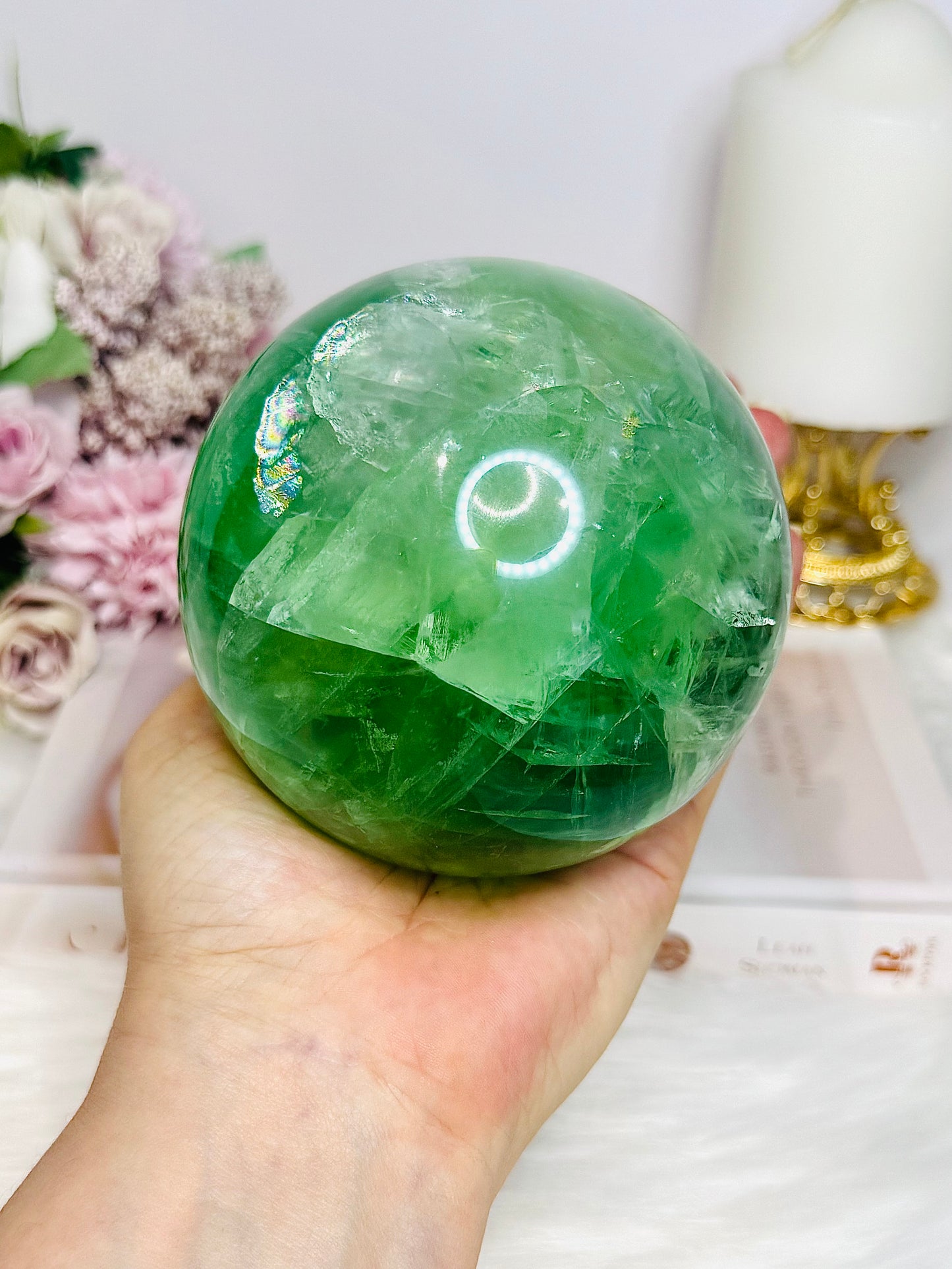 Huge Green Fluorite Sphere with Rainbows On Tall Glass Stand 1.4KG (stand can be changed)