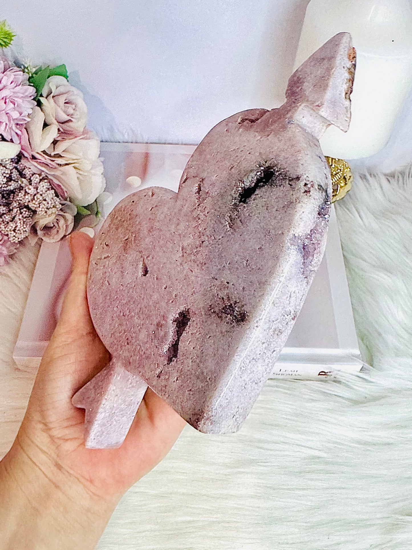 Classy & Fabulous Uniquely Carved Large Pink Amethyst Heart with Arrow 584grams