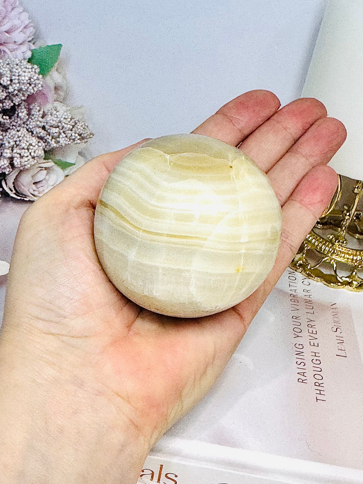 Large Banded Calcite Sphere on Stand 413g