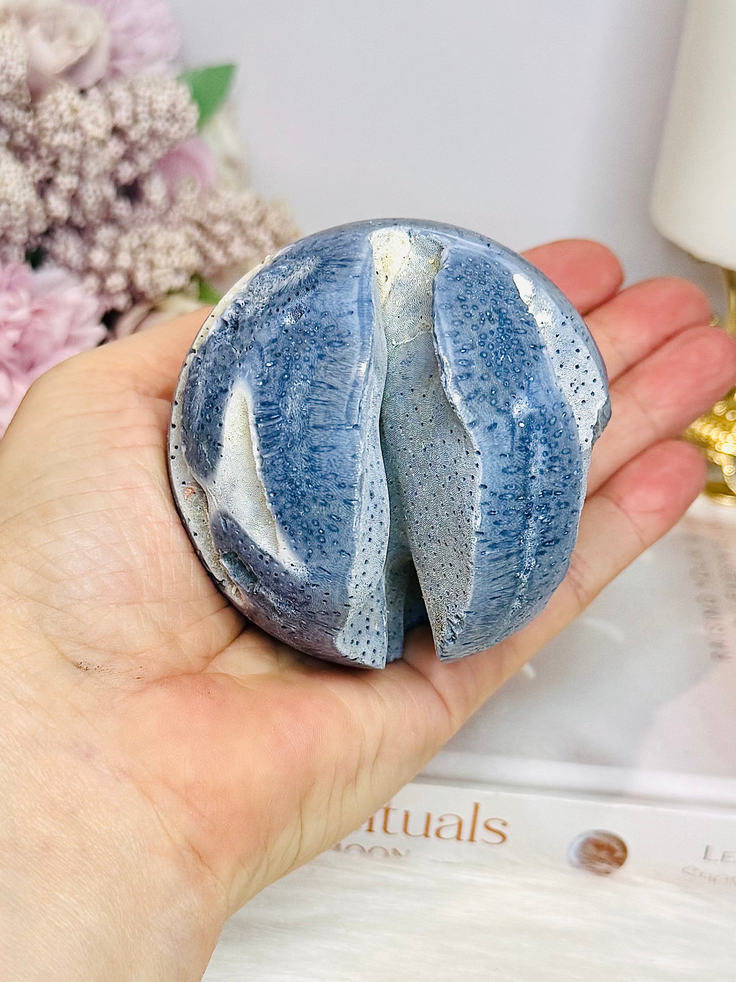 Rare Blue Coral Fossil Sphere on Stand 310g